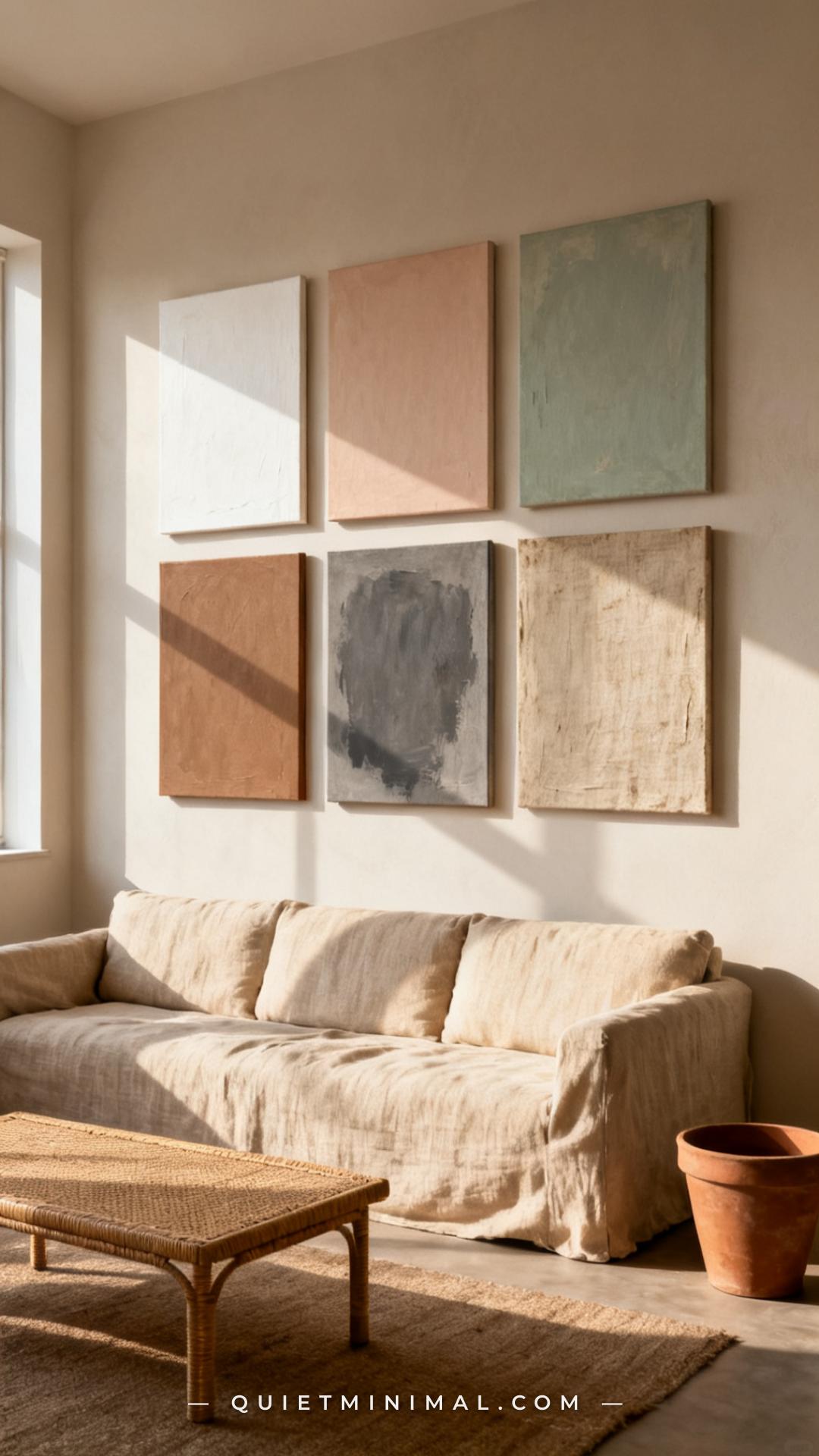 A vertical photograph captures a living room wall above a long natural linen sofa