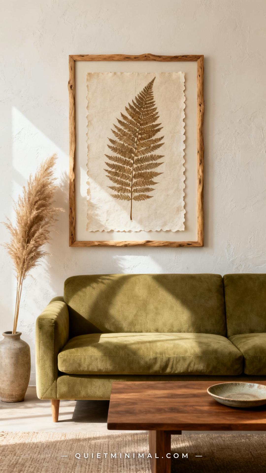 An establishing shot of a calm living room showing a large framed botanical press artwork — approximately 30 by 40 inche