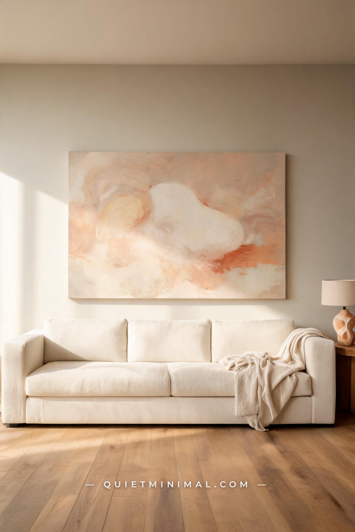 A vertical photograph captures the full width of a living room wall centered on a large-format abstract canvas in warm o