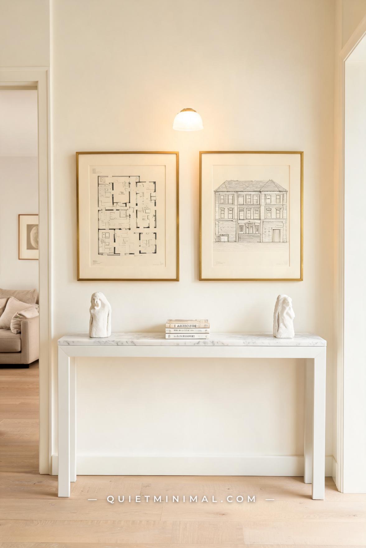 A vertical photograph captures a styled hallway adjacent to a neutral living room