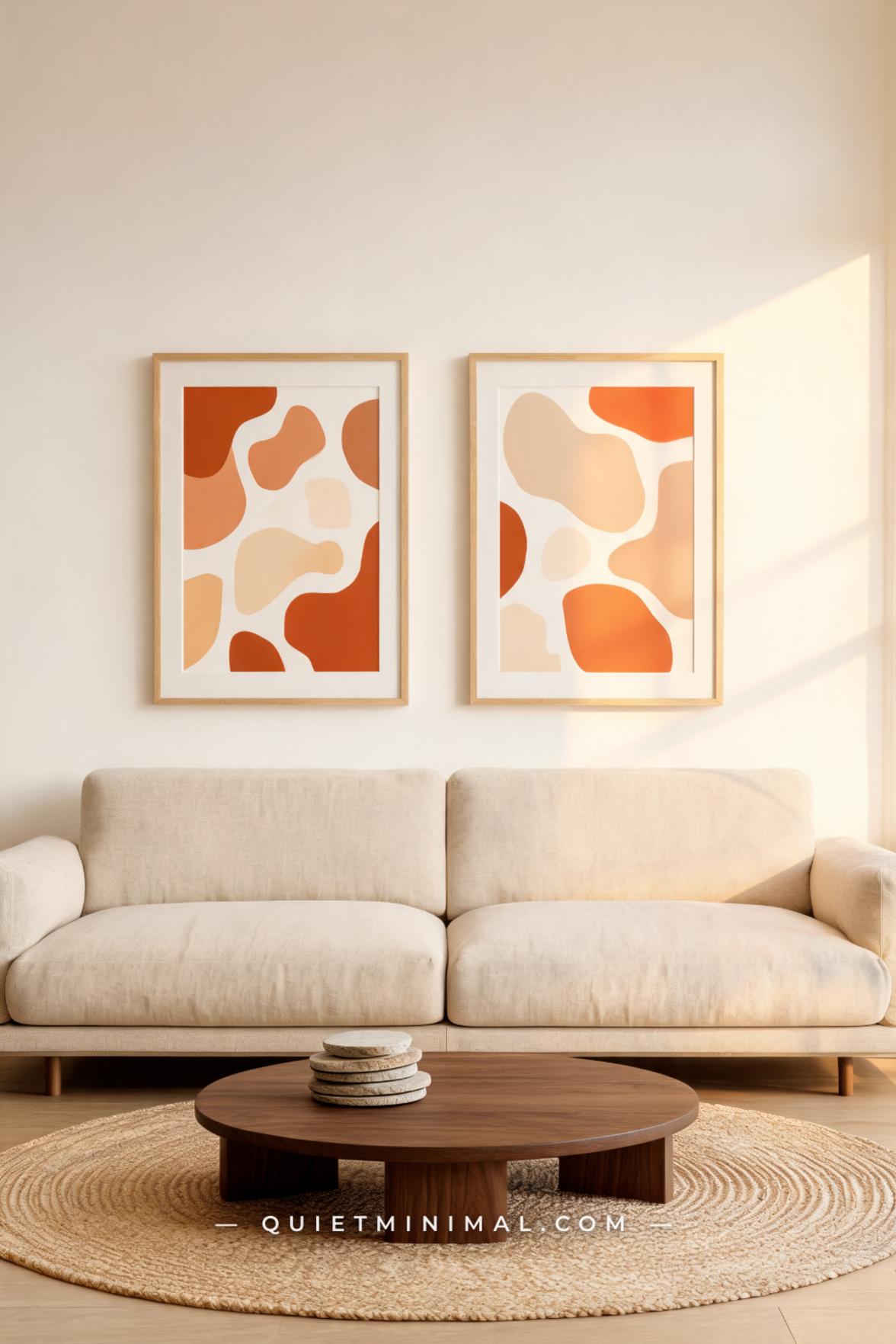 A vertical photograph captures a full-wall living room view showing a pair of medium-format abstract prints in warm terr