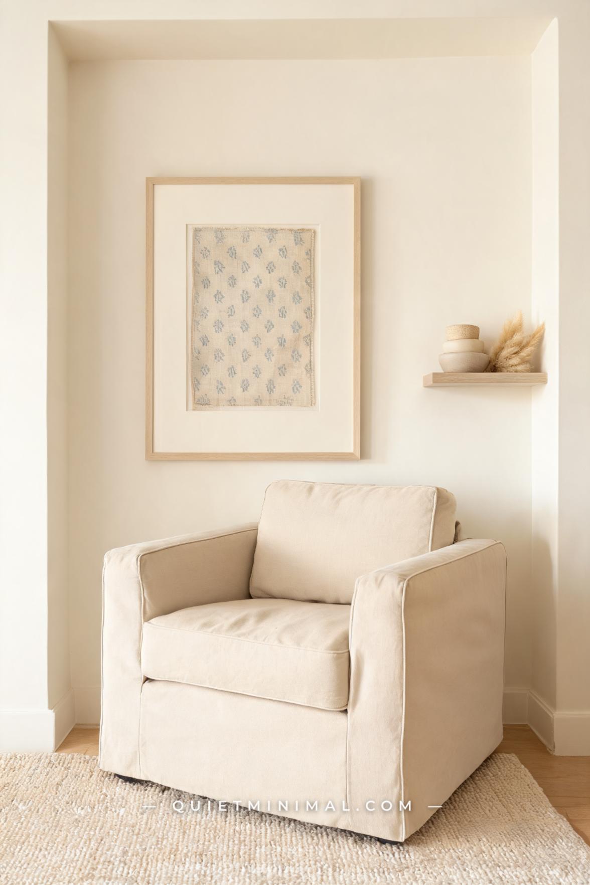 A vertical photograph captures a full living room vignette centered on a large round wall mirror — approximately 36 inch