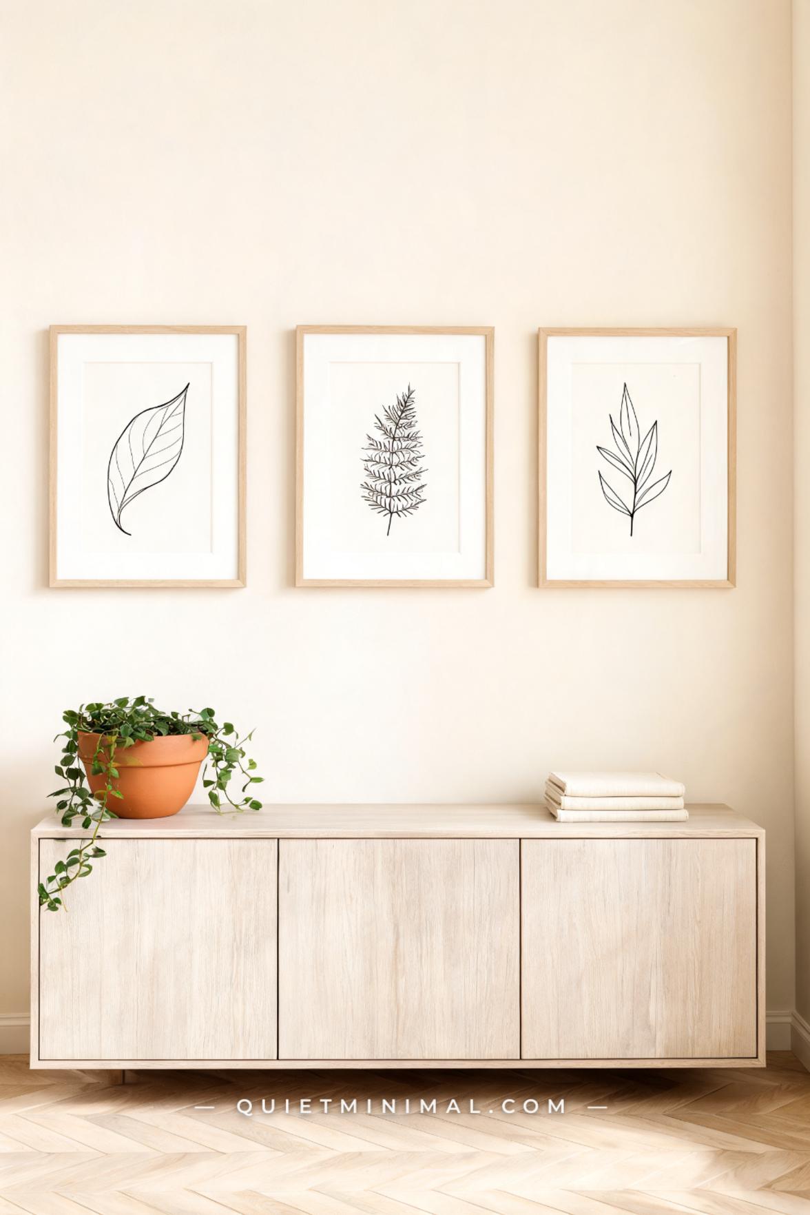 A vertical photograph captures a styled living room corner showing three vertical organic line-art prints — botanical le