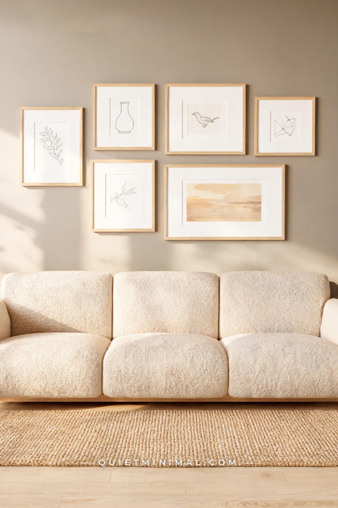 A vertical photograph captures a full living room vignette centered on a large handwoven natural fiber wall hanging moun