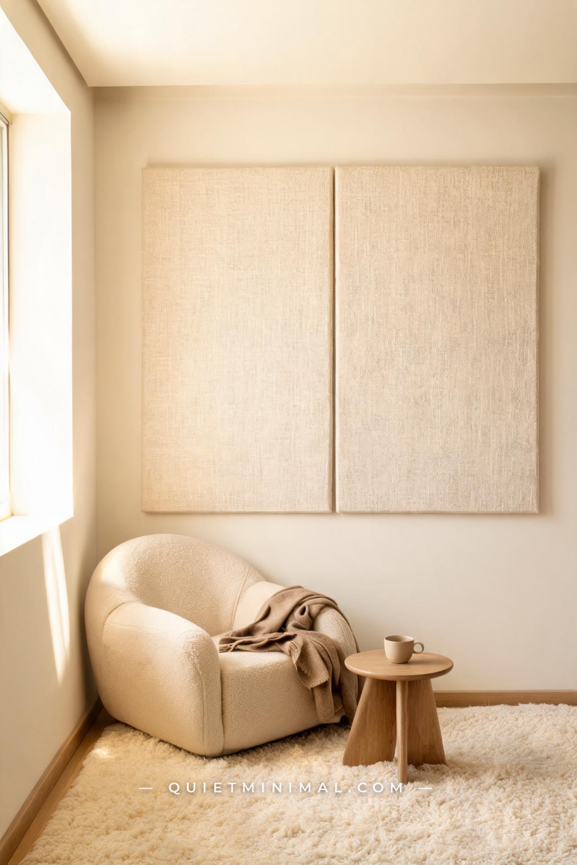 A vertical photograph captures a bright neutral living room with a single large vintage botanical print — a detailed ill