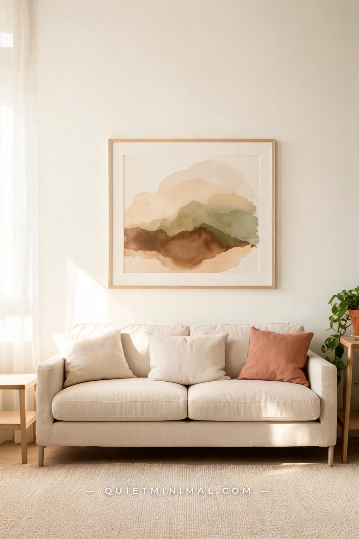 A vertical photograph captures a bright neutral living room showing a large framed watercolor abstract print — soft wash