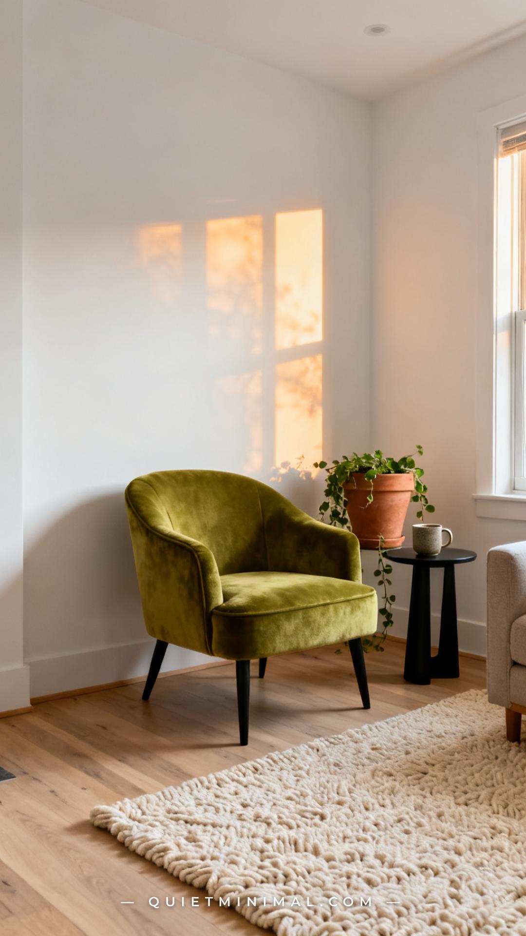 A vertical photograph of a wasabi green velvet accent chair positioned in a bright living room corner
