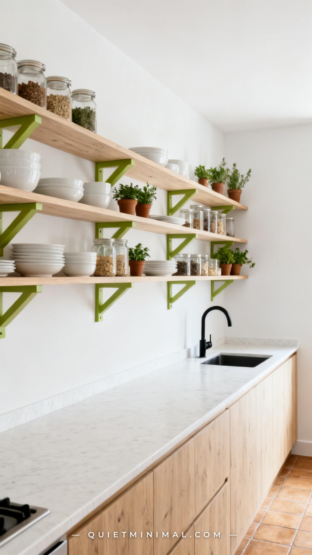 A wide-angle photograph of a kitchen with white walls and pale oak open shelving