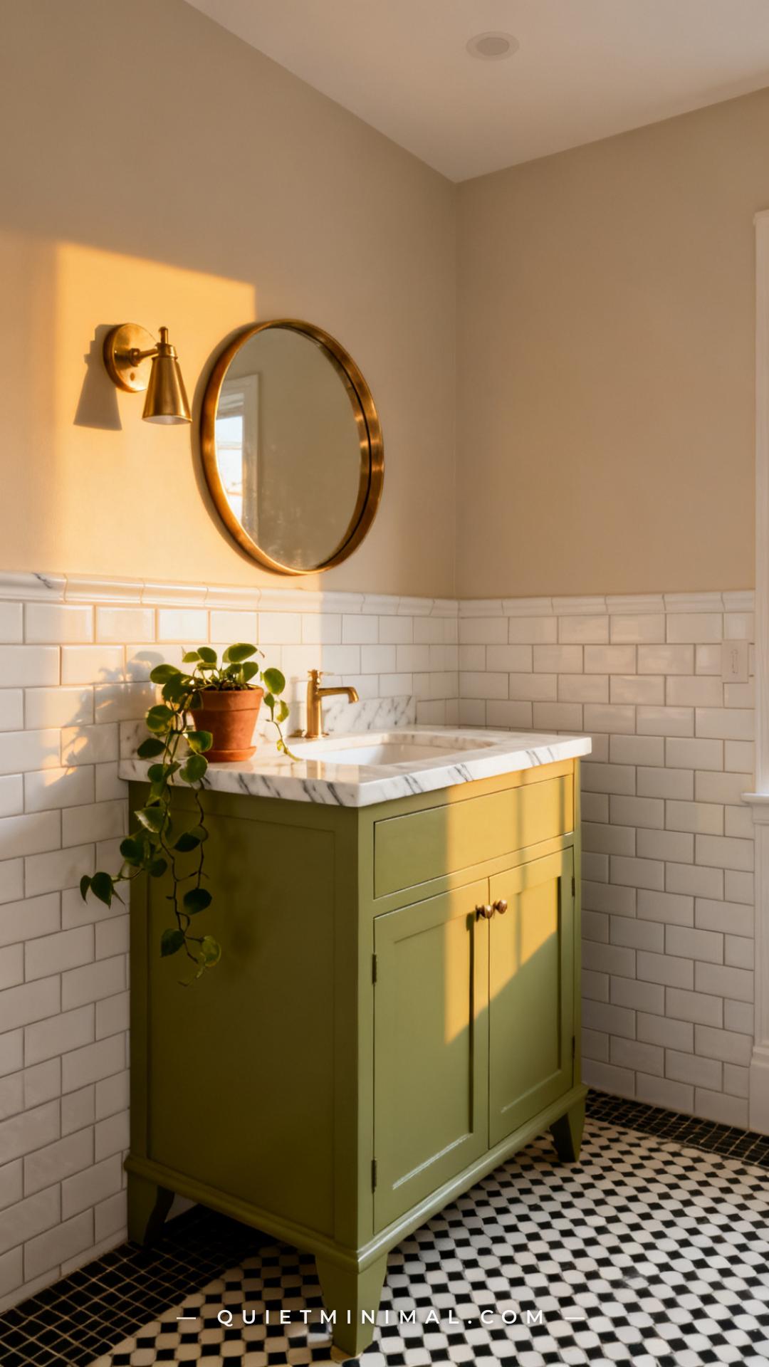 A vertical photograph of a small powder room or bathroom centered on a freestanding vanity painted in wasabi green