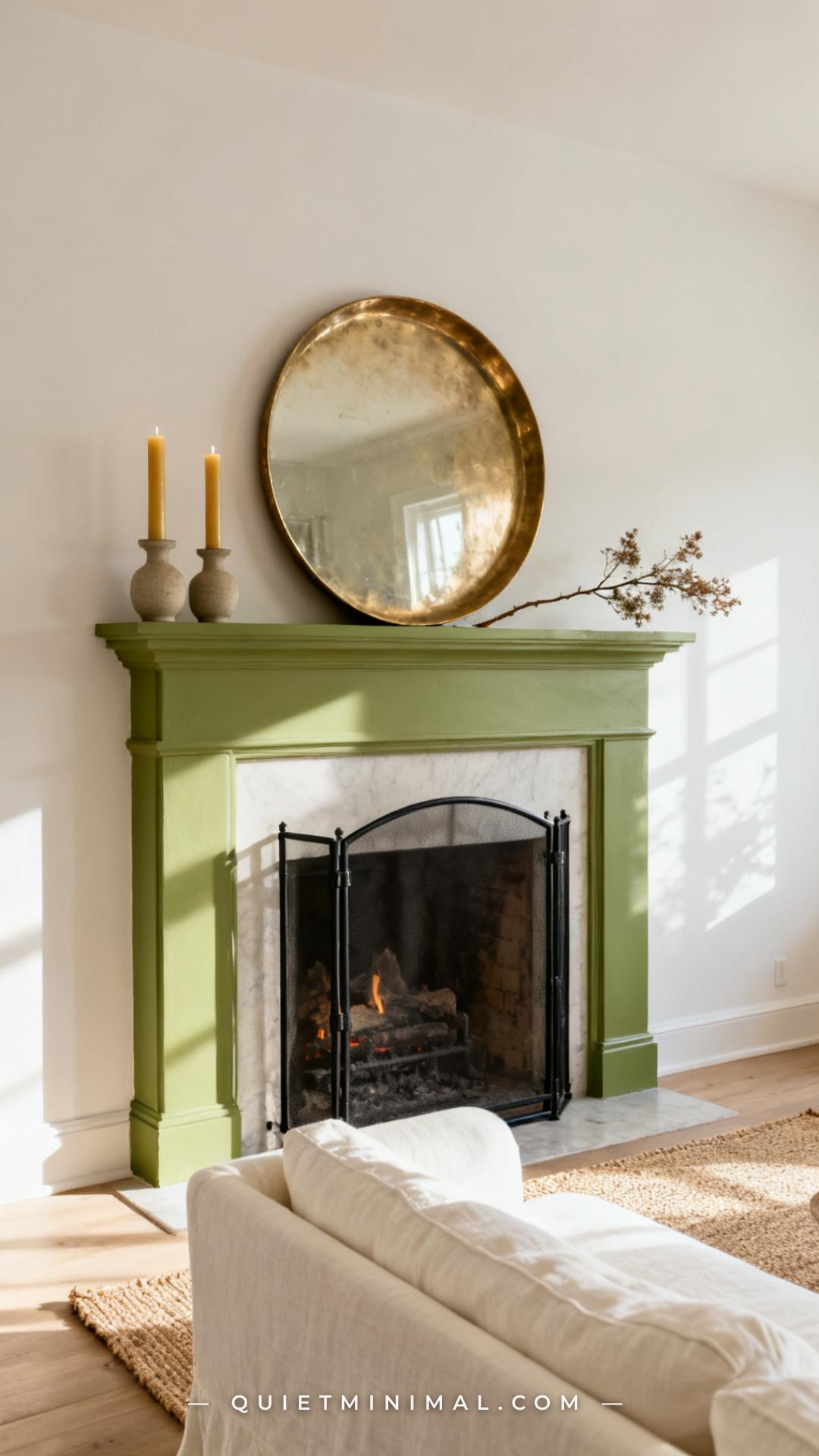 A wide-angle living room photograph centered on a fireplace whose surround and mantel are painted in a crisp wasabi gree