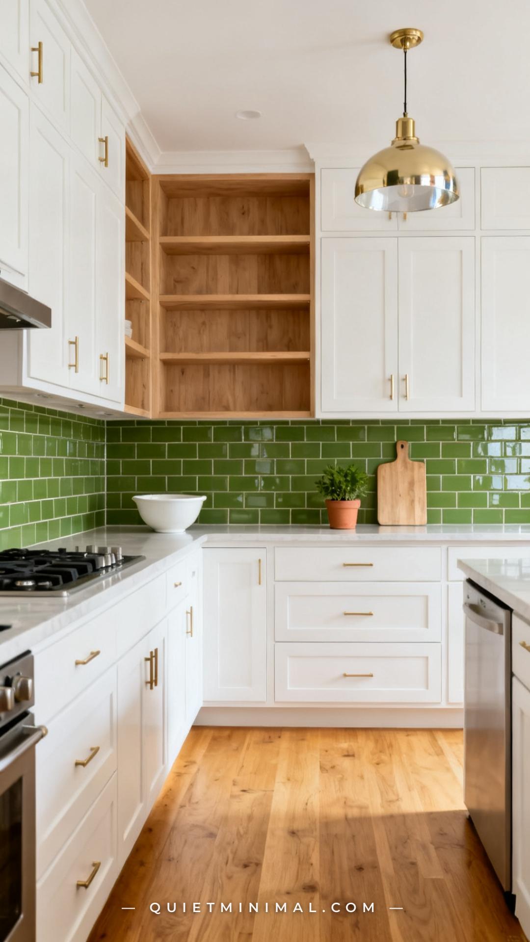 A wide-angle view of a modern kitchen with warm white shaker cabinets and open shelving in pale oak