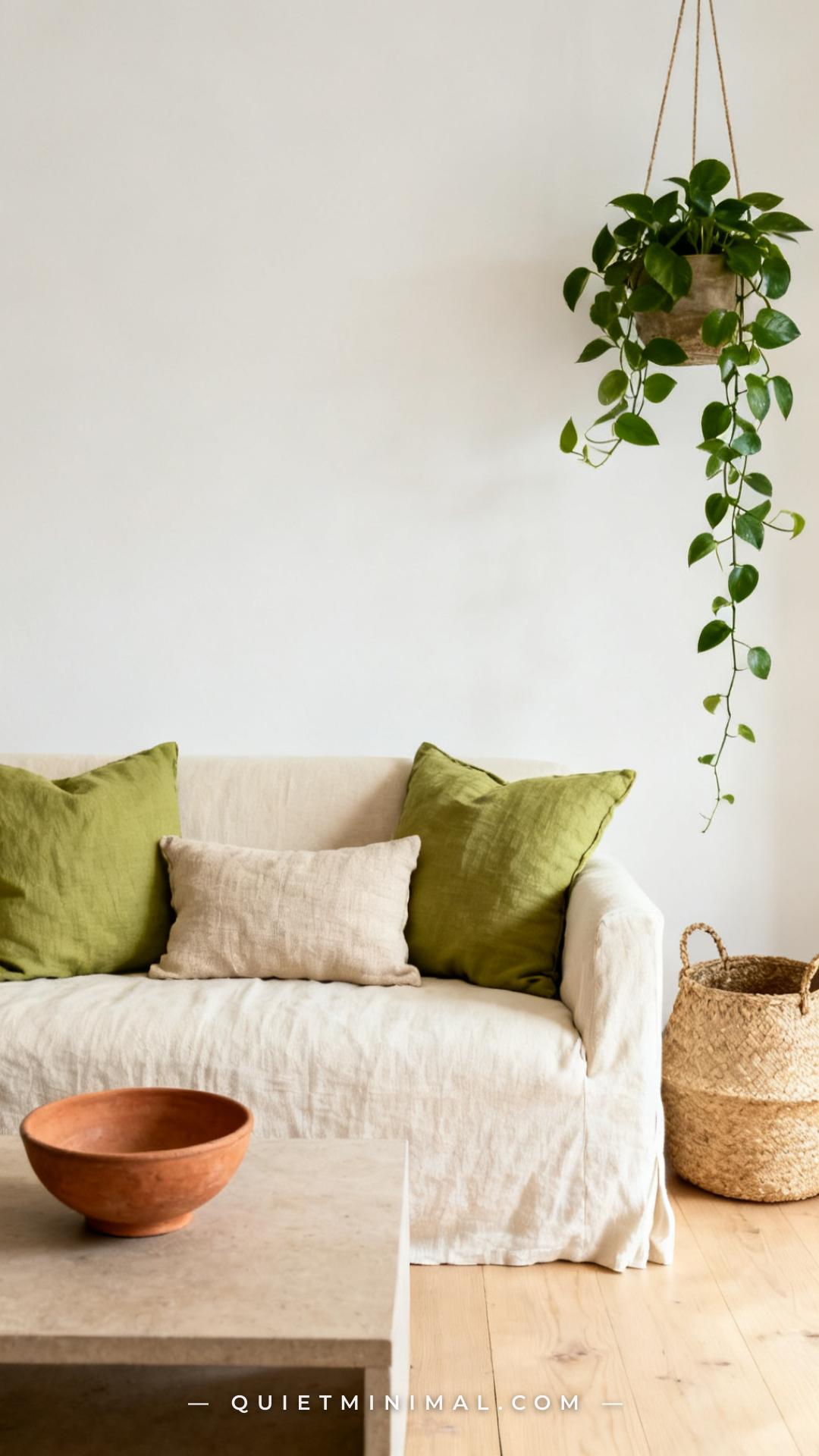A medium-wide photograph of a cream linen sofa against a warm white wall in a bright living room