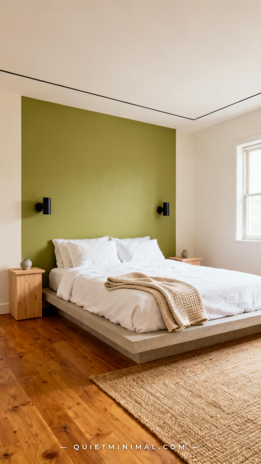A wide vertical photograph of a bedroom with a single wasabi green painted accent wall behind a low-profile platform bed