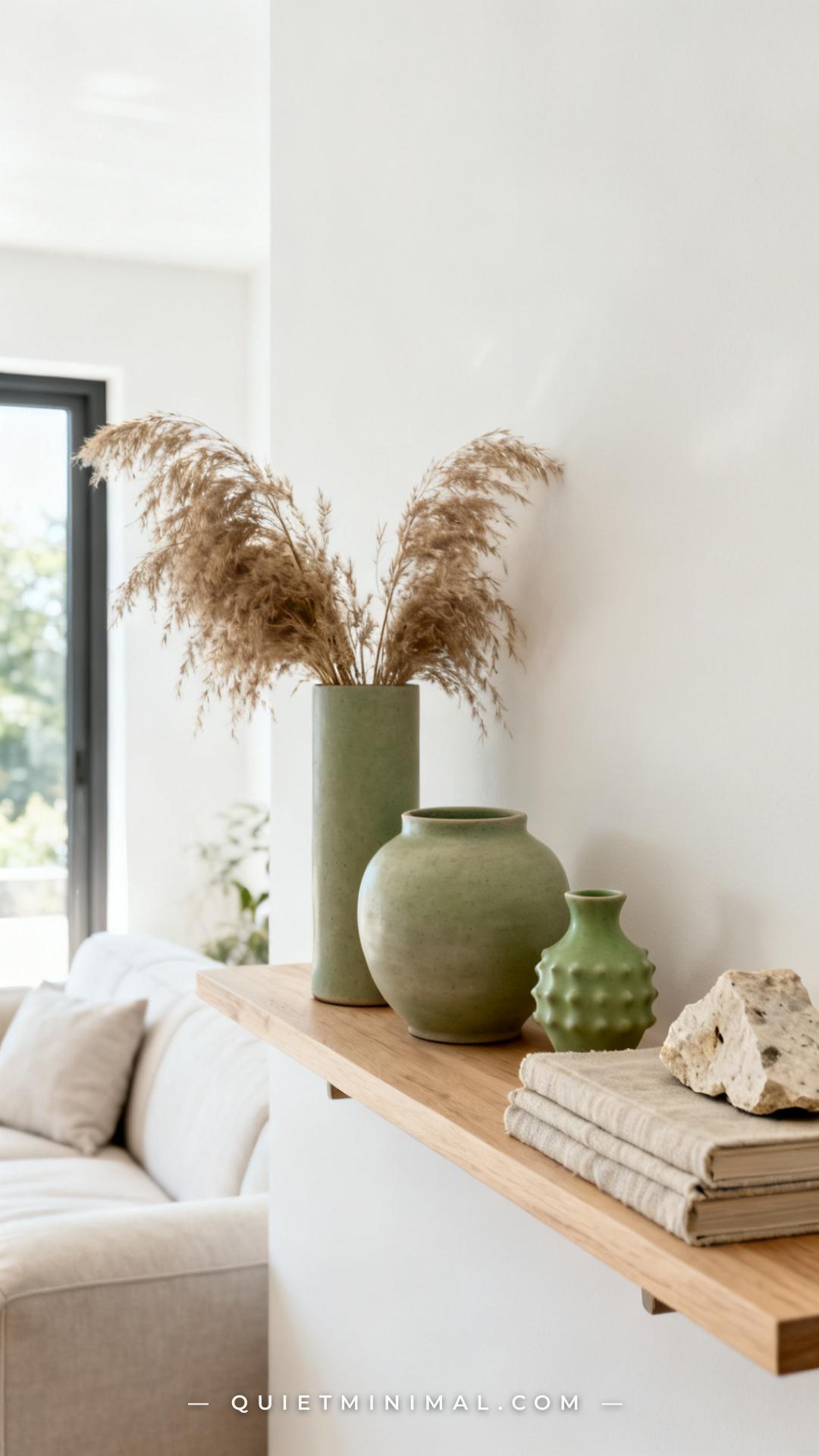 A medium-wide photograph of a light-filled living room shelf styled with three wasabi green ceramic vessels of varying h
