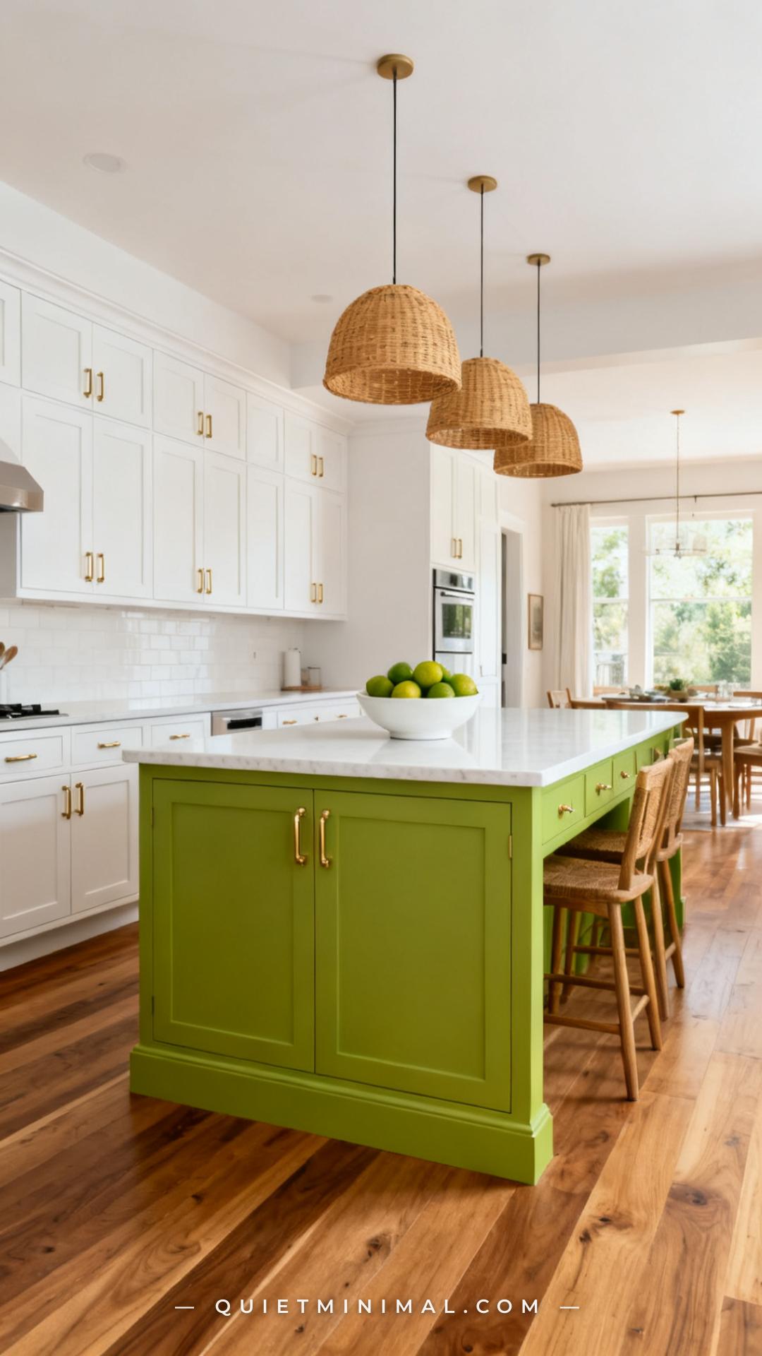 A wide-angle photograph of a bright open-plan kitchen