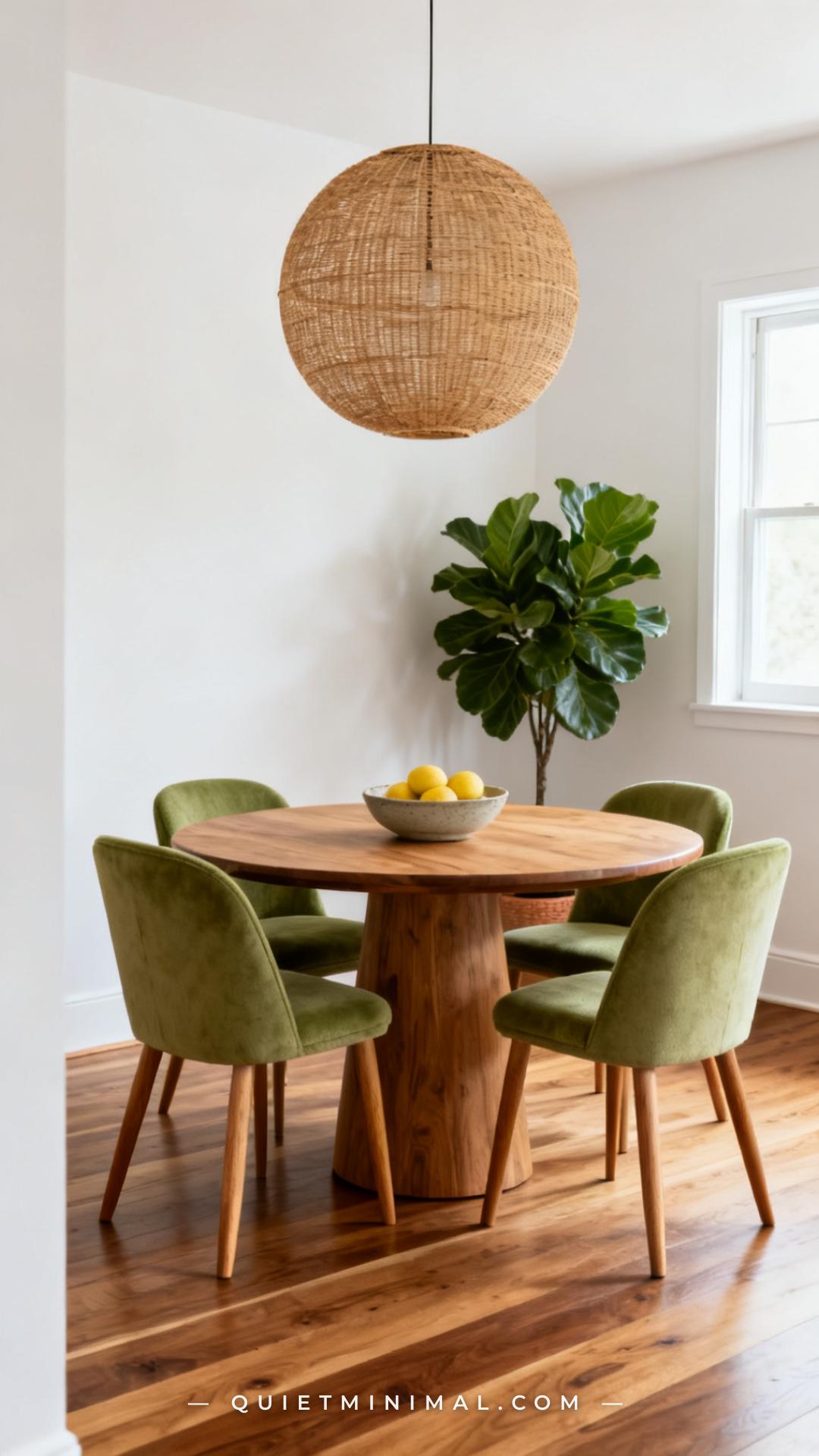 A wide photograph of a dining room centered on a round solid oak dining table surrounded by four wasabi green upholstere