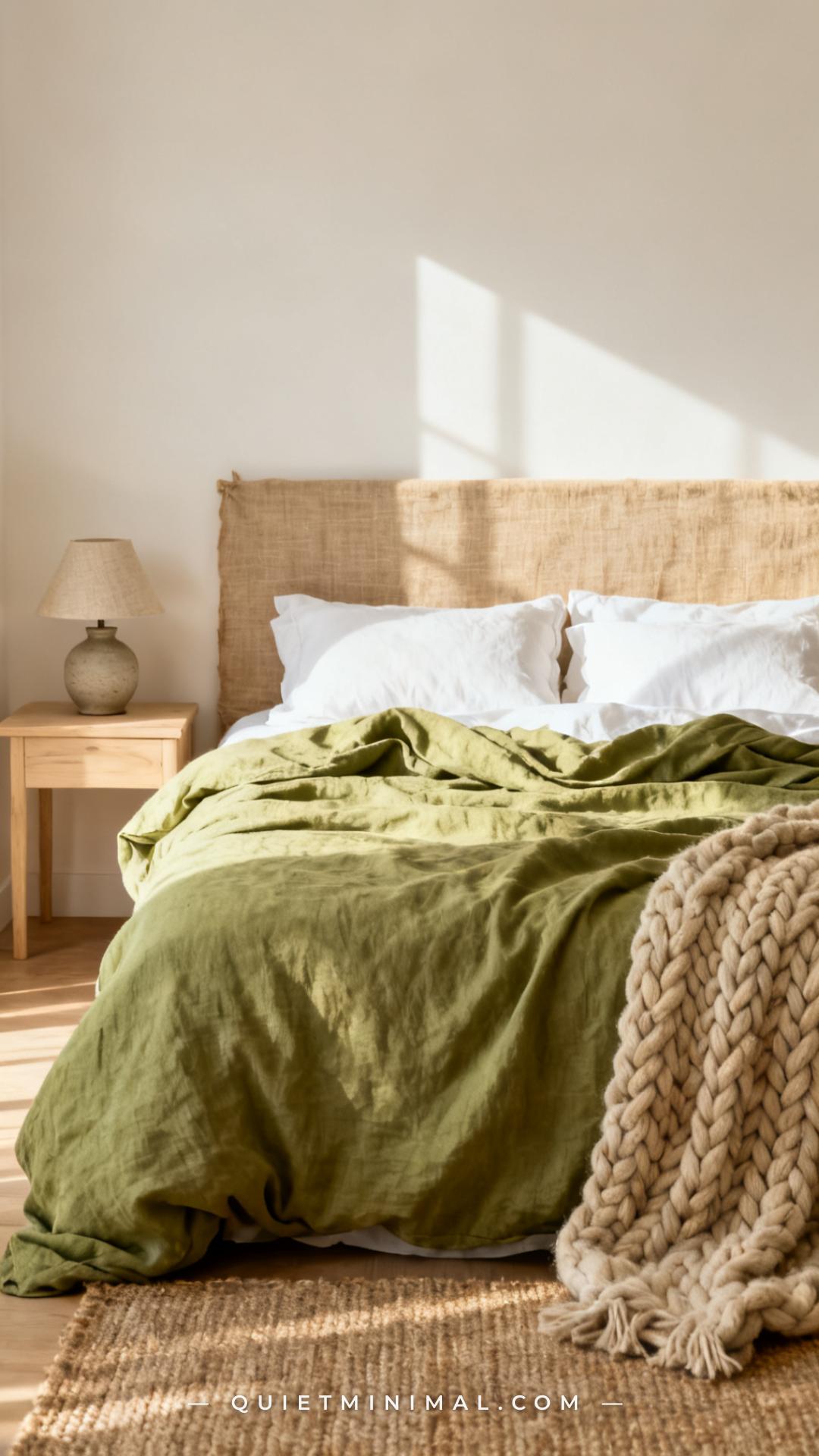 A wide-angle vertical photograph of a bedroom centered on a bed dressed in a wasabi green linen duvet cover with relaxed