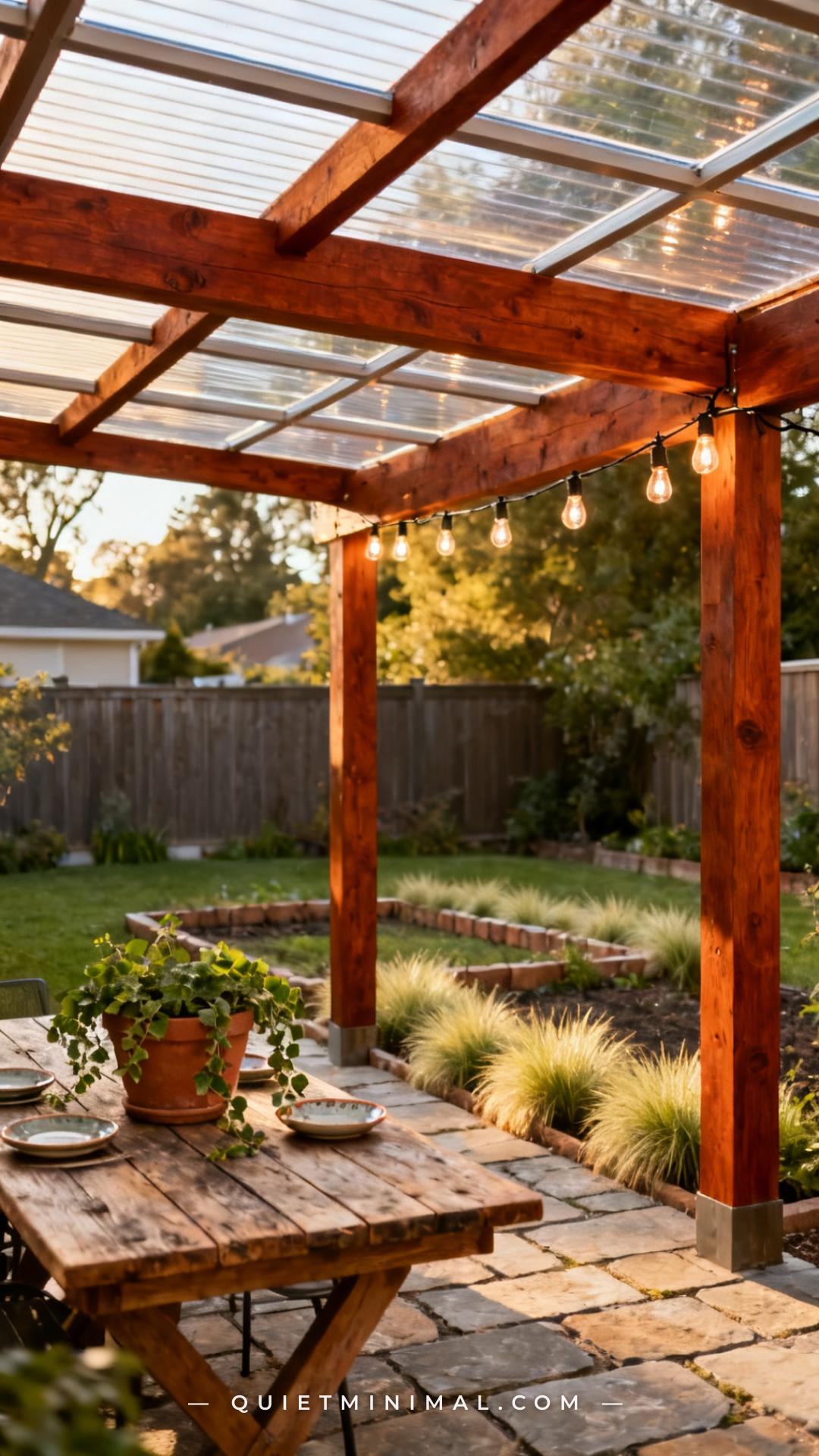 11 Wood Beam Pergola With Transparent Roof Ideas That Make Your Backyard Feel Like an Outdoor Room