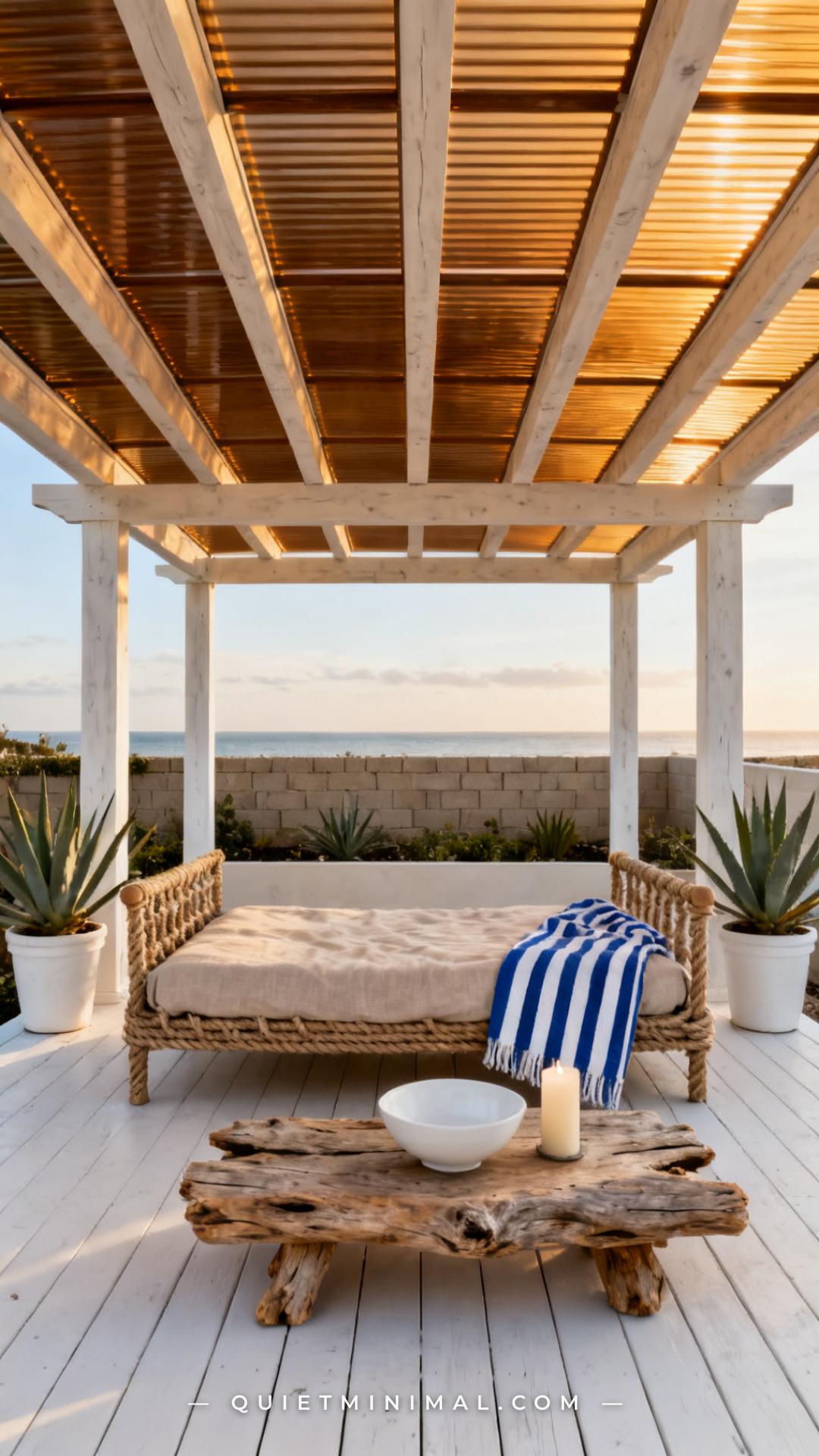 A vertical photograph captures a coastal-style backyard pergola with whitewashed timber beams and rafters