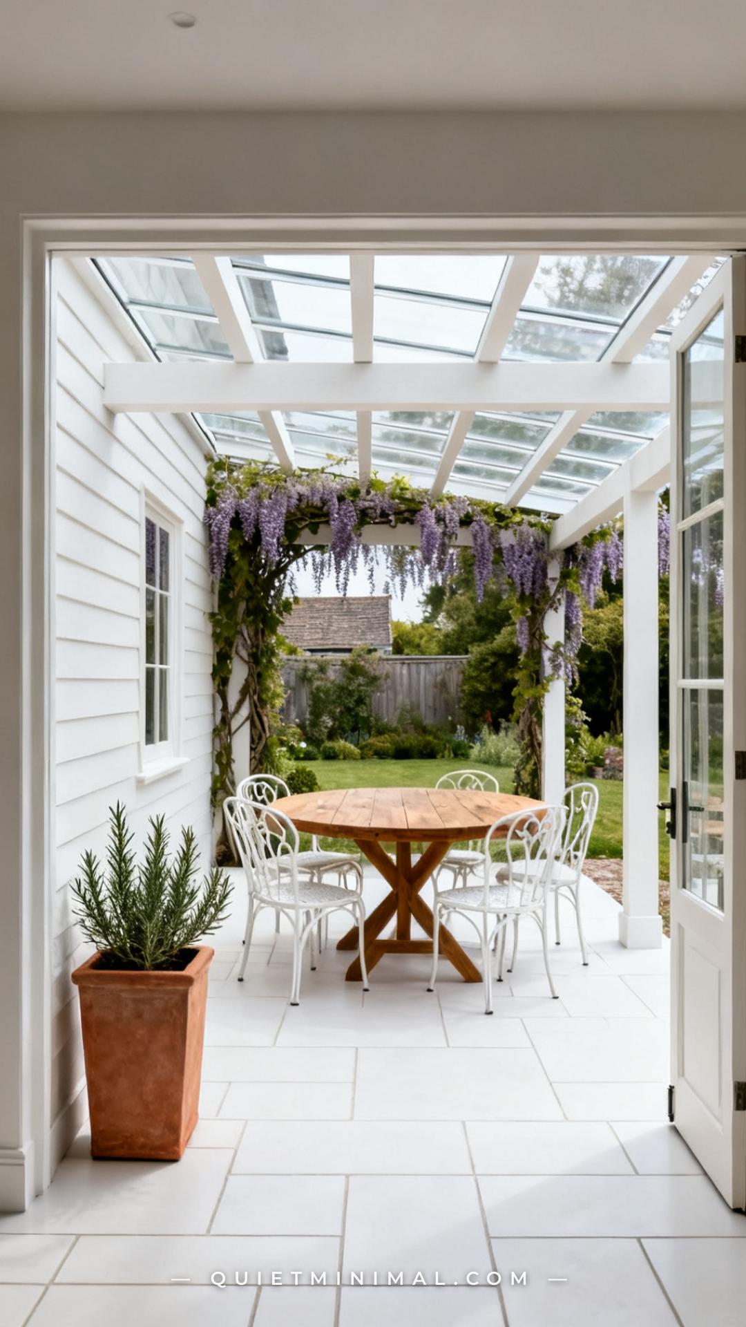 A wide vertical photograph establishes an attached pergola built flush against the rear exterior wall of a modern farmho