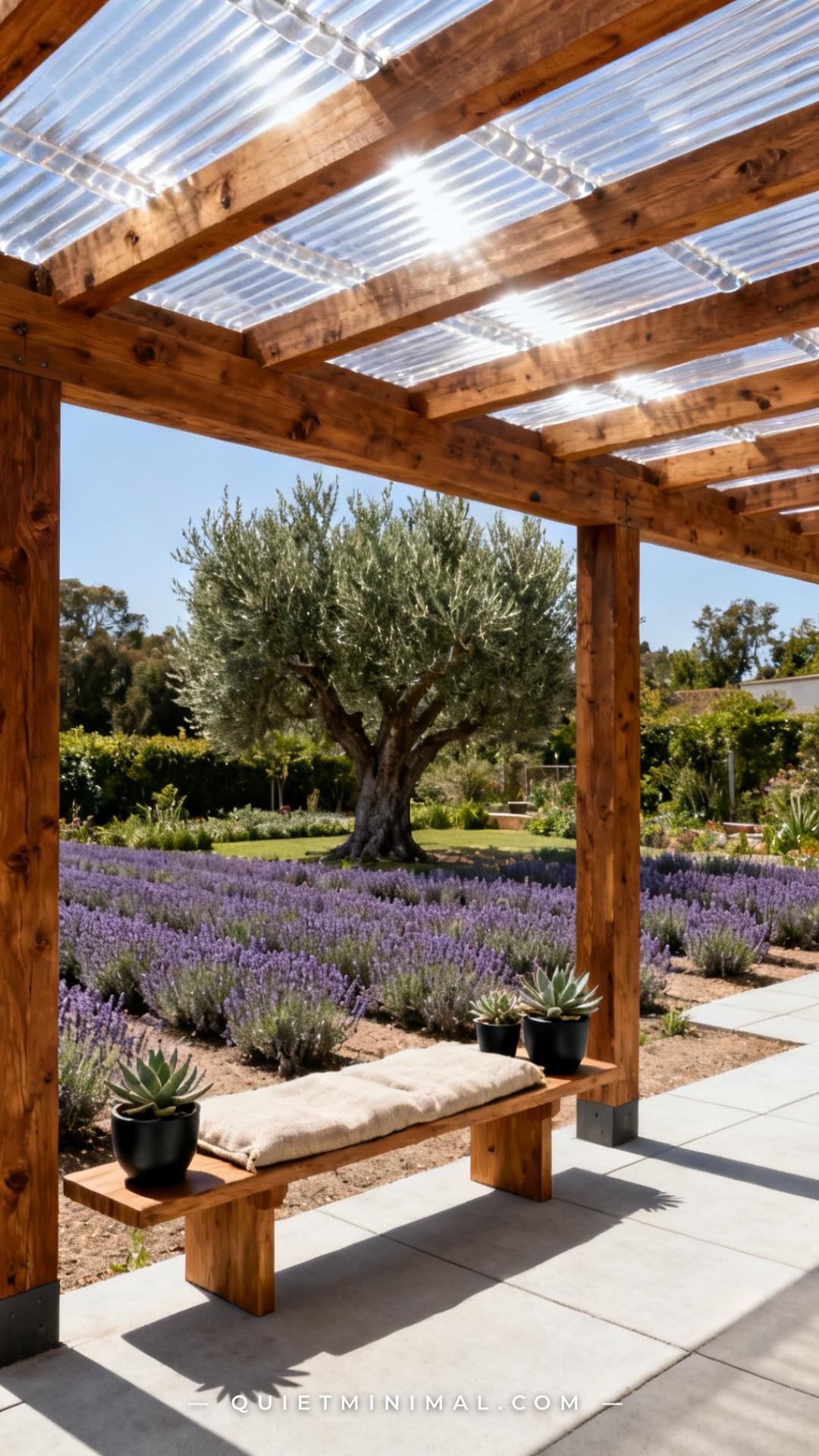 A wide vertical photograph shows a backyard pergola built from bold Douglas fir beams in a natural warm-brown finish