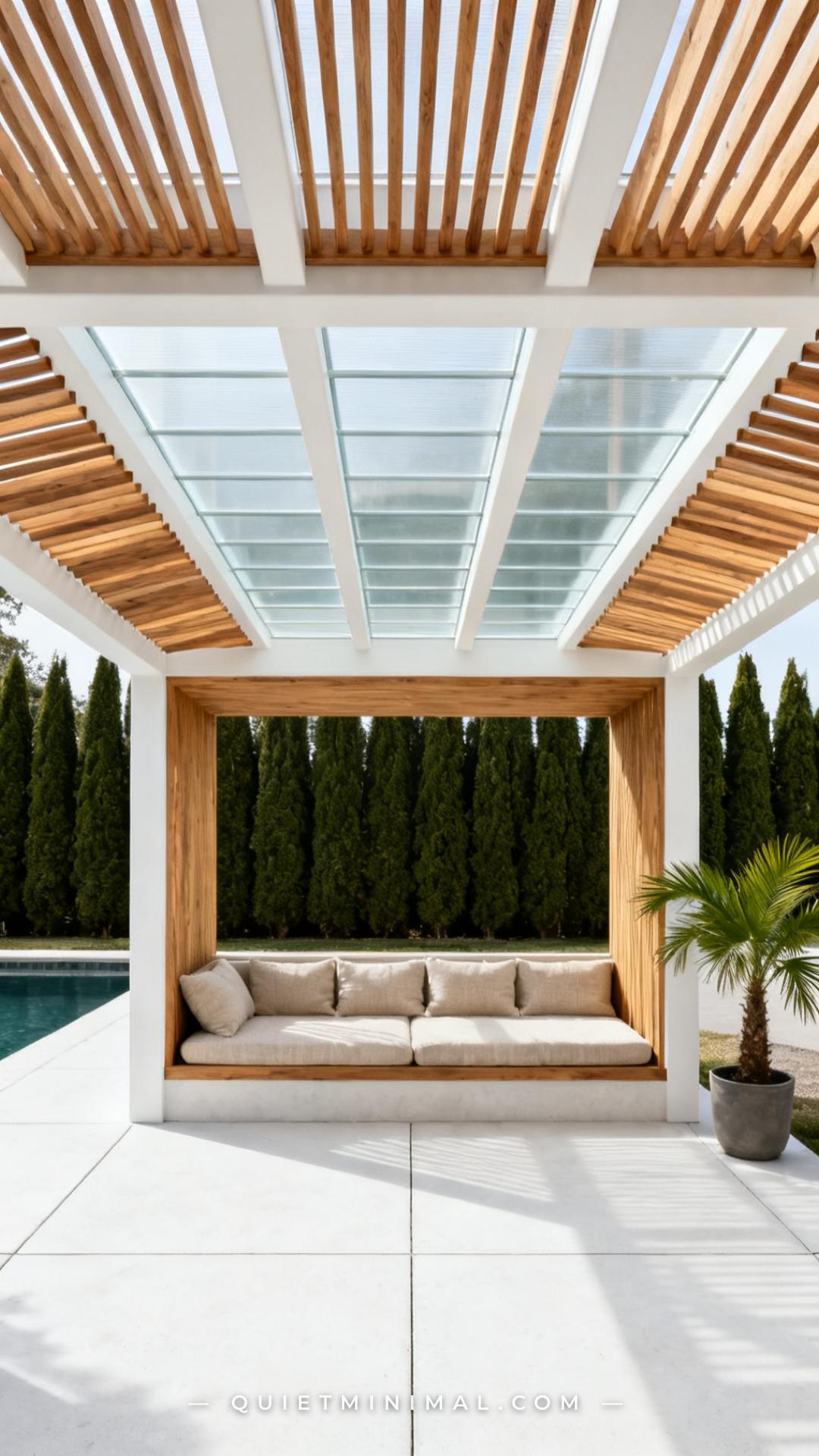 A wide establishing shot of a modern backyard pergola shows a hybrid roof system — the central two-thirds covered in fla