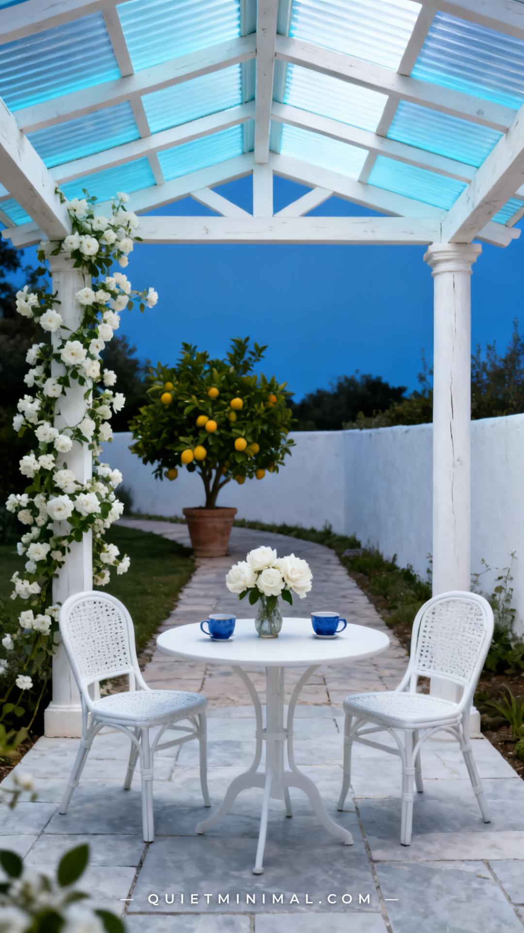 A vertical establishing shot captures a pergola with white-painted timber beams and rafters against a blue sky