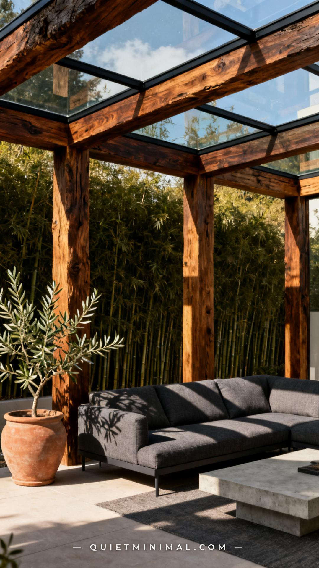 A wide vertical photograph establishes a luxury backyard pergola with chunky rough-sawn timber posts in a dark walnut st