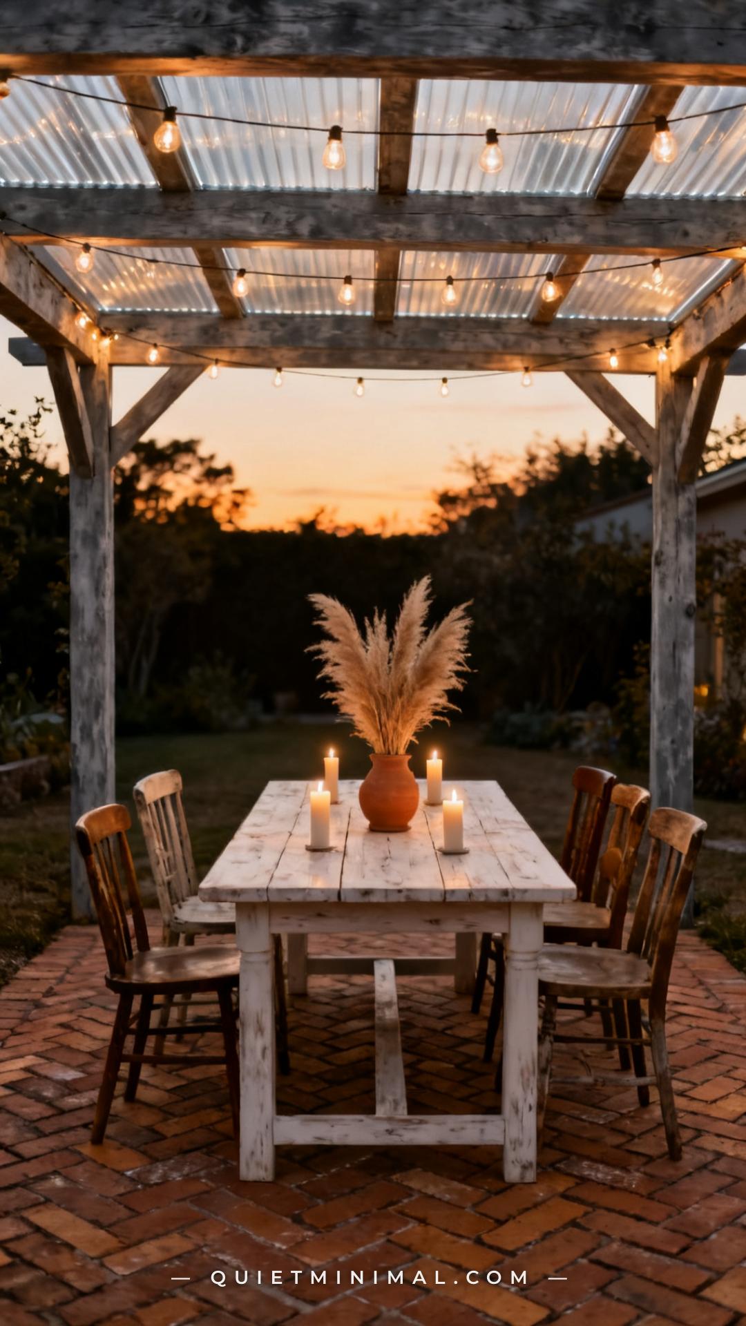 A vertical photograph captures a backyard pergola at dusk