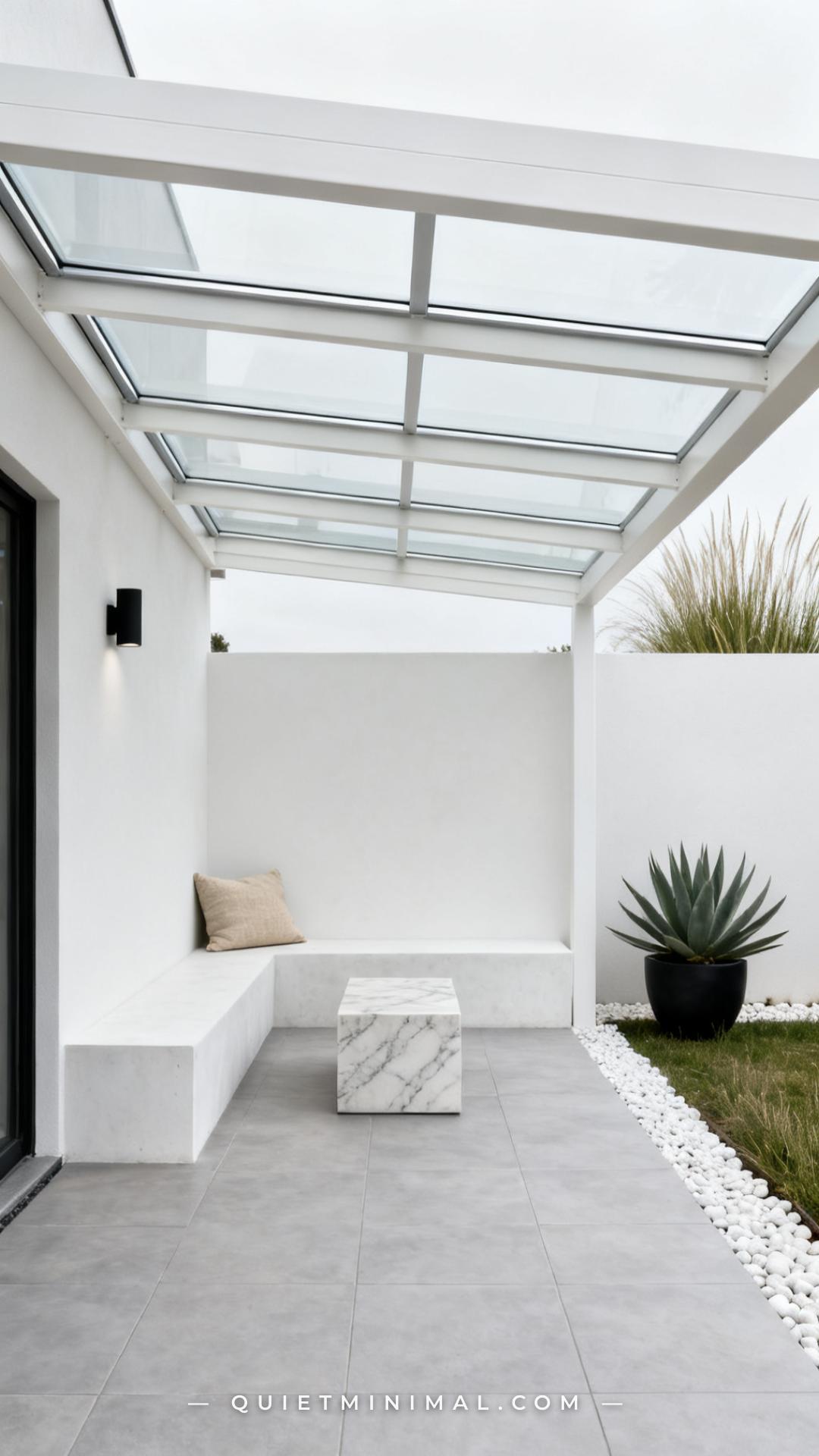 A wide establishing shot shows a contemporary backyard pergola with slim
