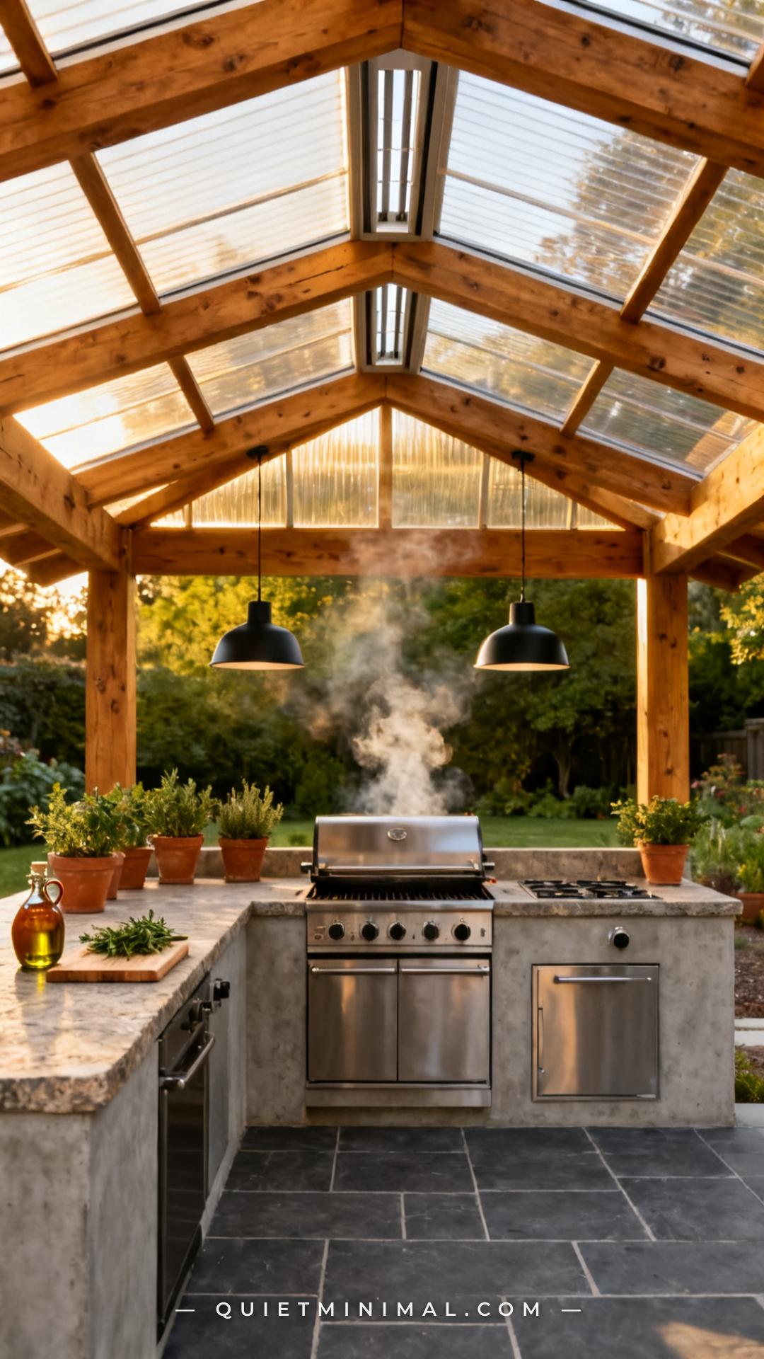 A medium-wide vertical photograph establishes an outdoor kitchen pergola with wide Douglas fir beams overhead