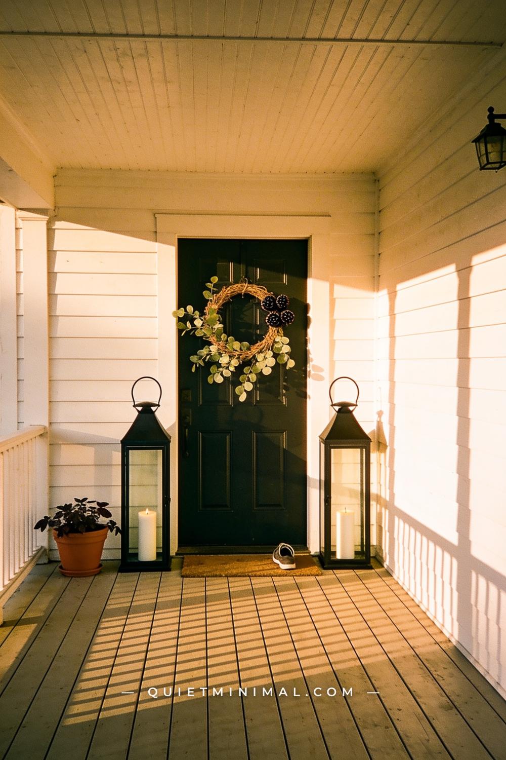 A wide establishing shot from across the full covered front porch or entry threshold