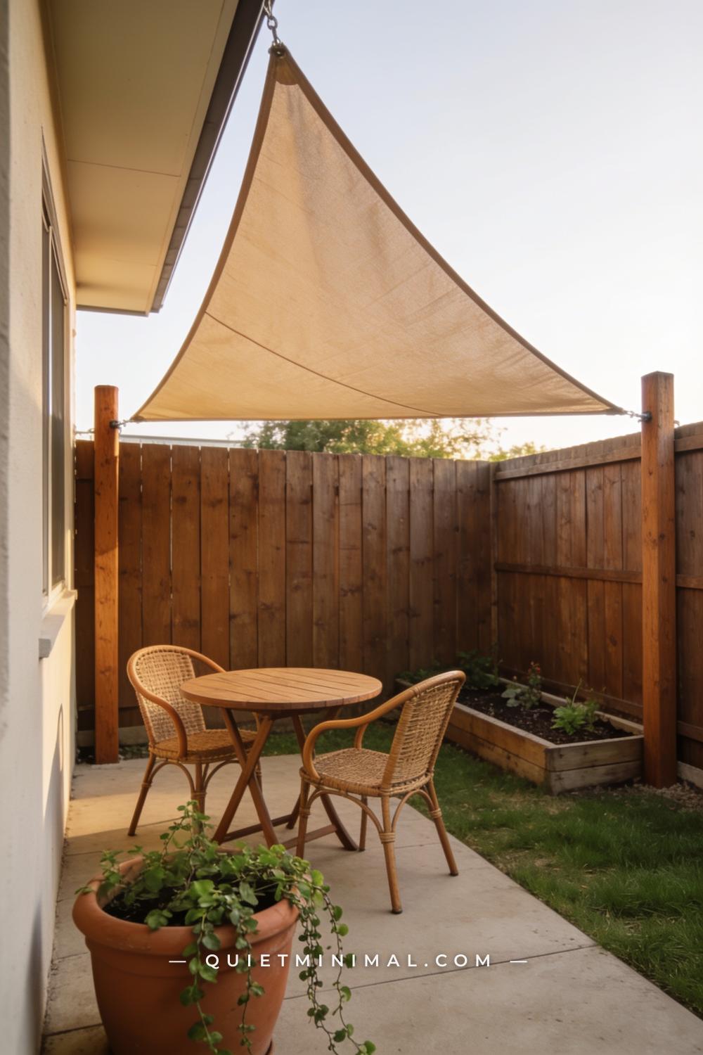A vertical photograph captures a wide backyard corner where a large triangular shade sail in warm sand-beige canvas stre