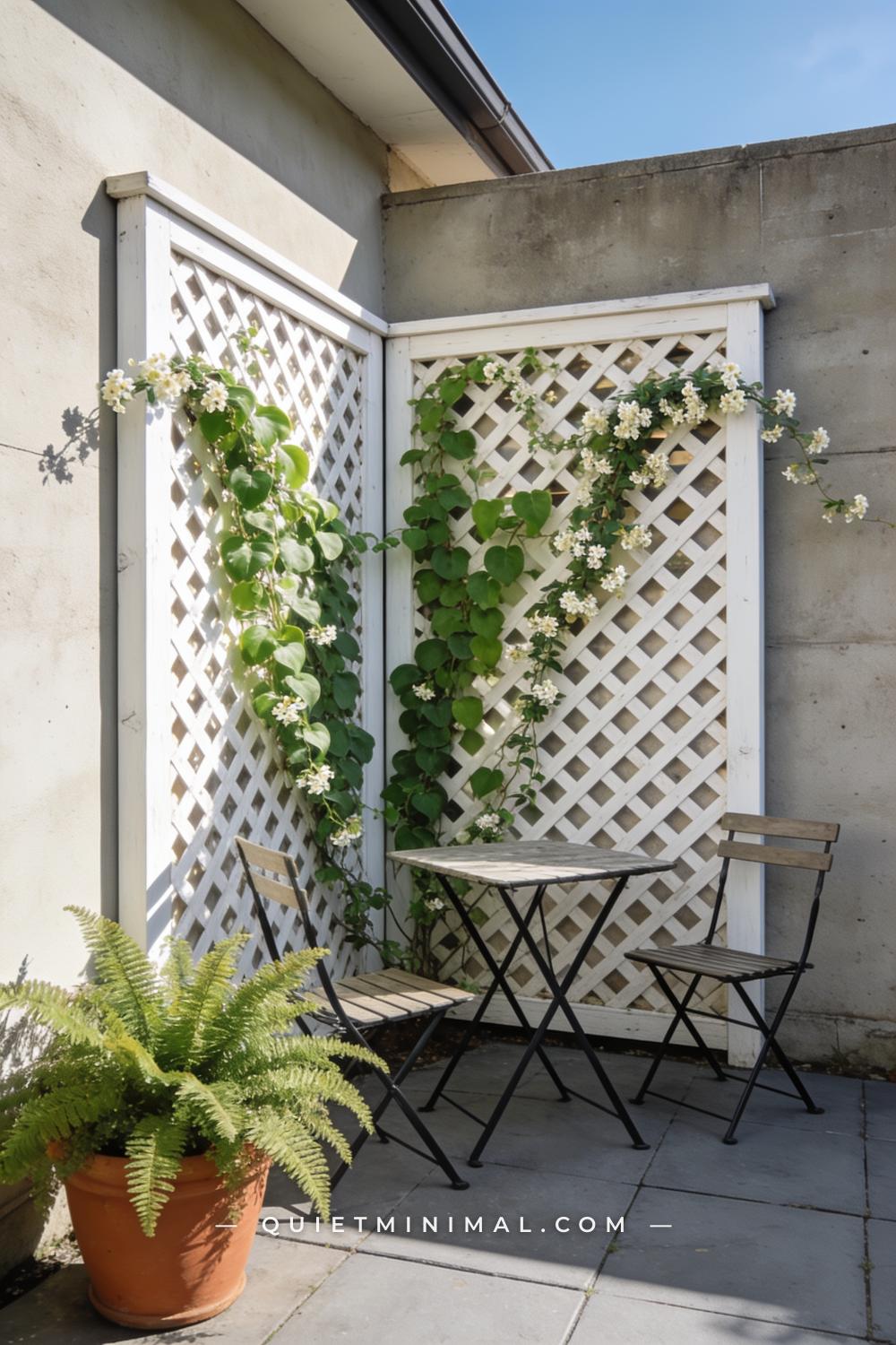 A vertical photograph captures a patio corner where two freestanding white-painted wood lattice panels stand side by sid