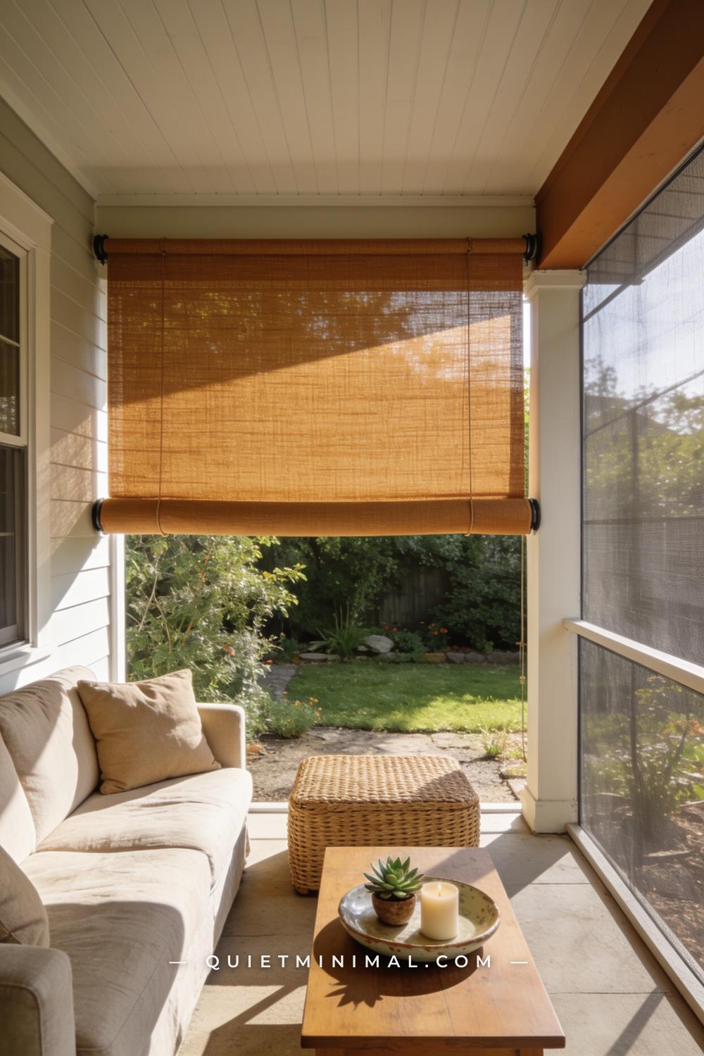A vertical photograph captures a covered back porch where a wide outdoor roller shade in a warm caramel-tan woven fabric
