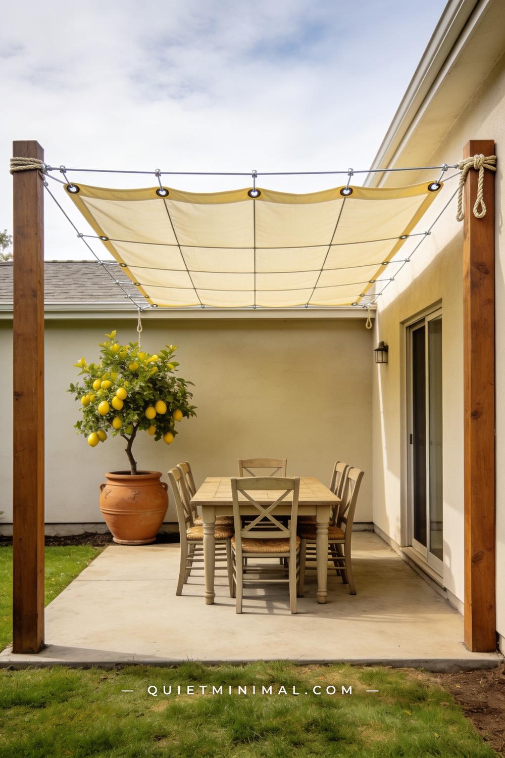 A vertical photograph captures a backyard dining area where a piece of cream sun-blocking canvas is suspended overhead o