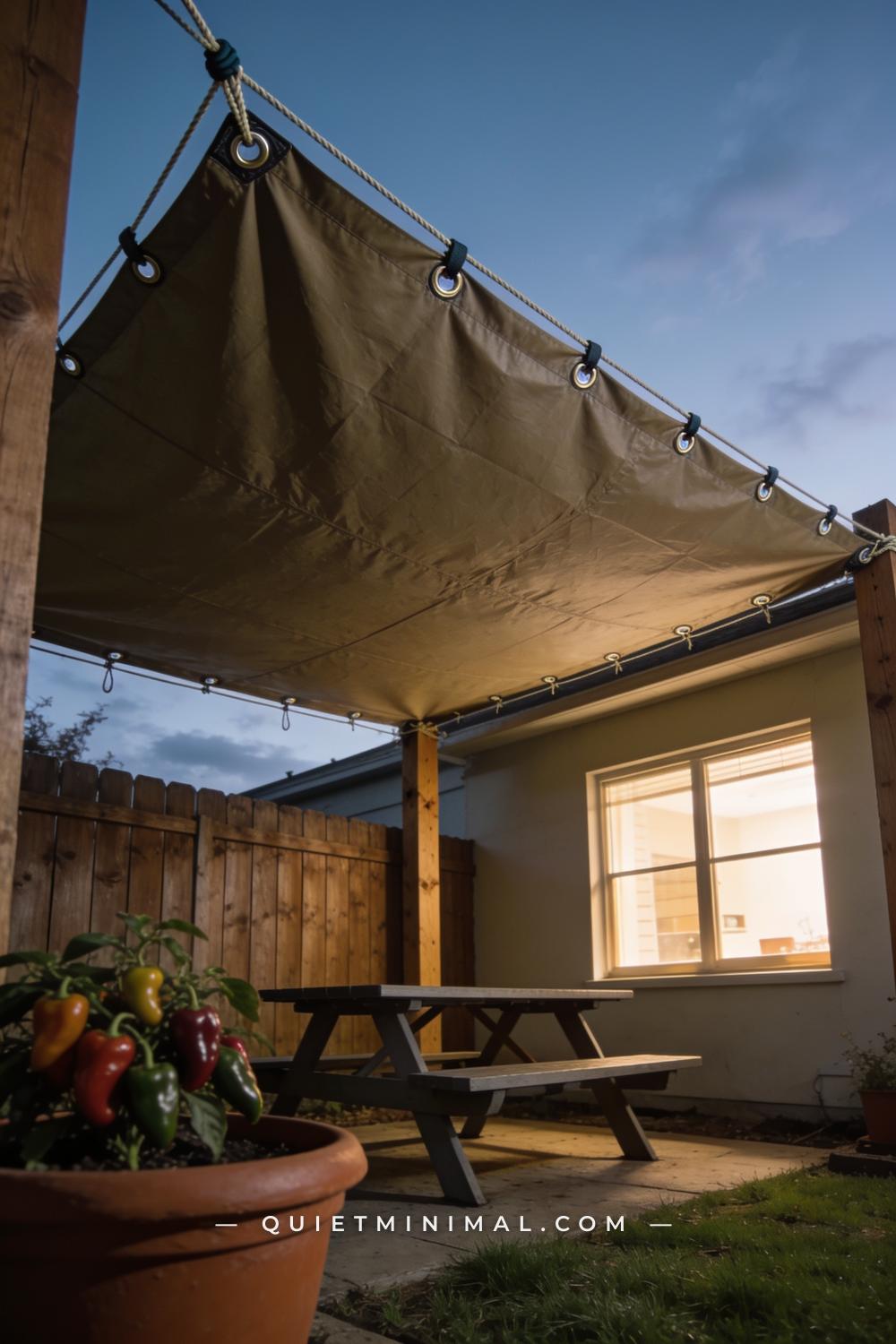 A vertical photograph captures a backyard corner where a large heavy-duty canvas-colored tarp — reinforced grommets at t