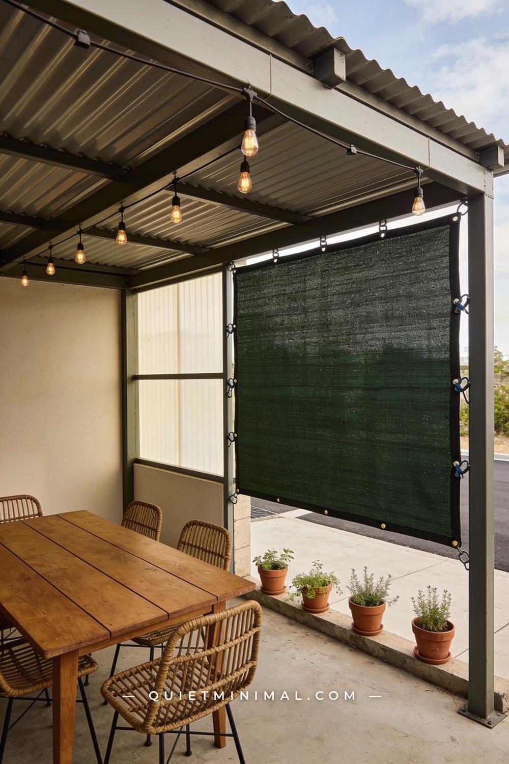 A vertical photograph captures the interior of an open carport structure — a simple metal post-and-beam frame with a cor