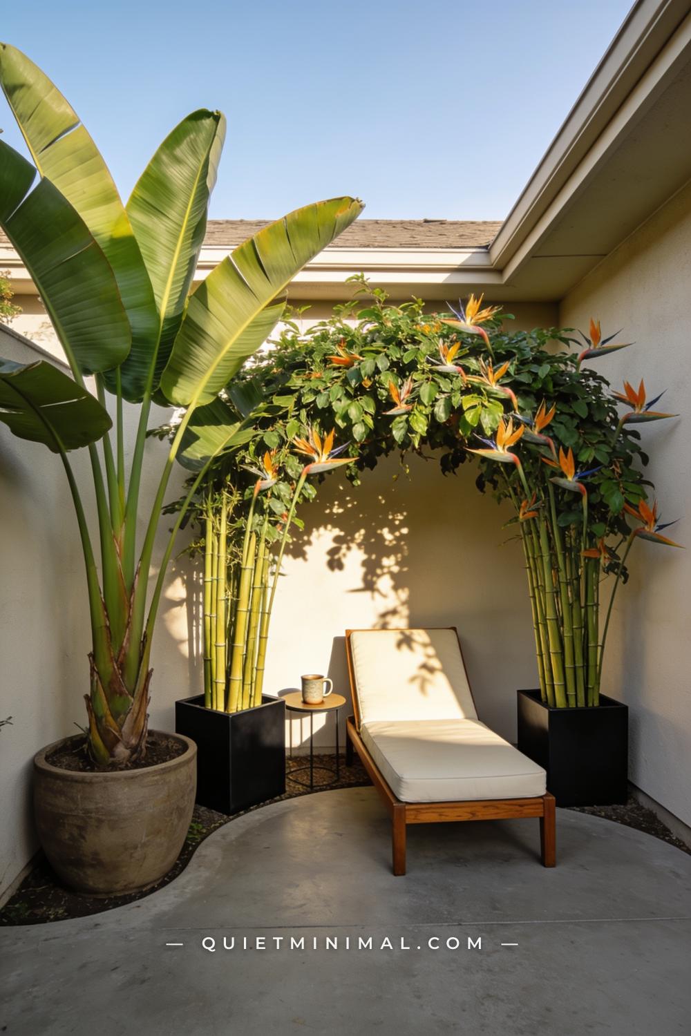 A vertical photograph captures a sunny patio corner where a cluster of large container-planted tropical specimens — a 6-