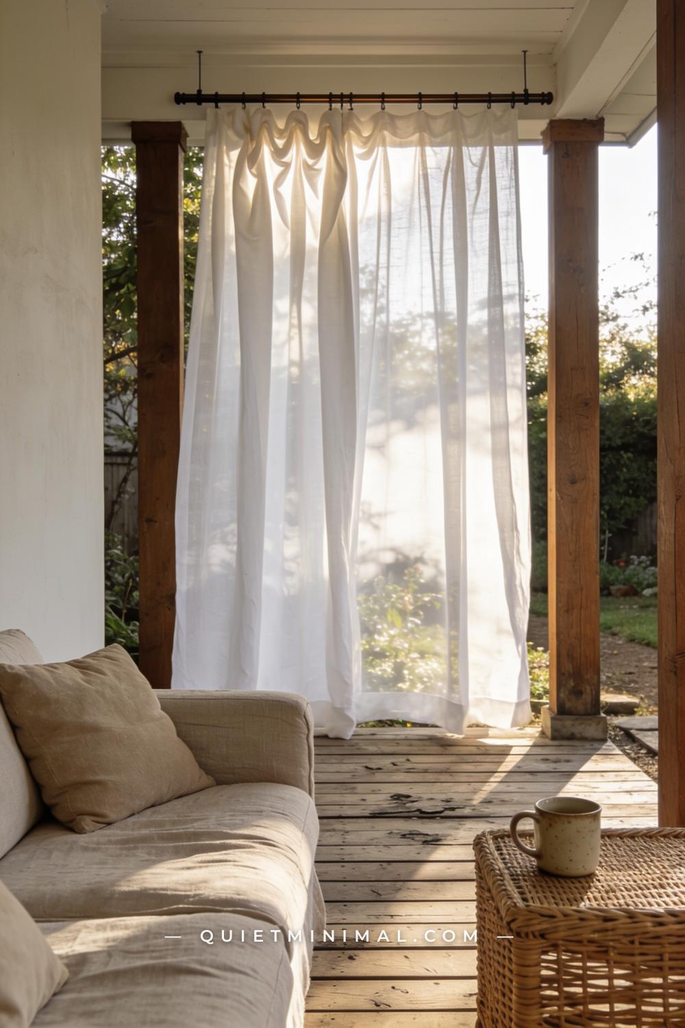 A vertical photograph captures a covered back porch where sheer white outdoor curtain panels hang from a horizontal tens