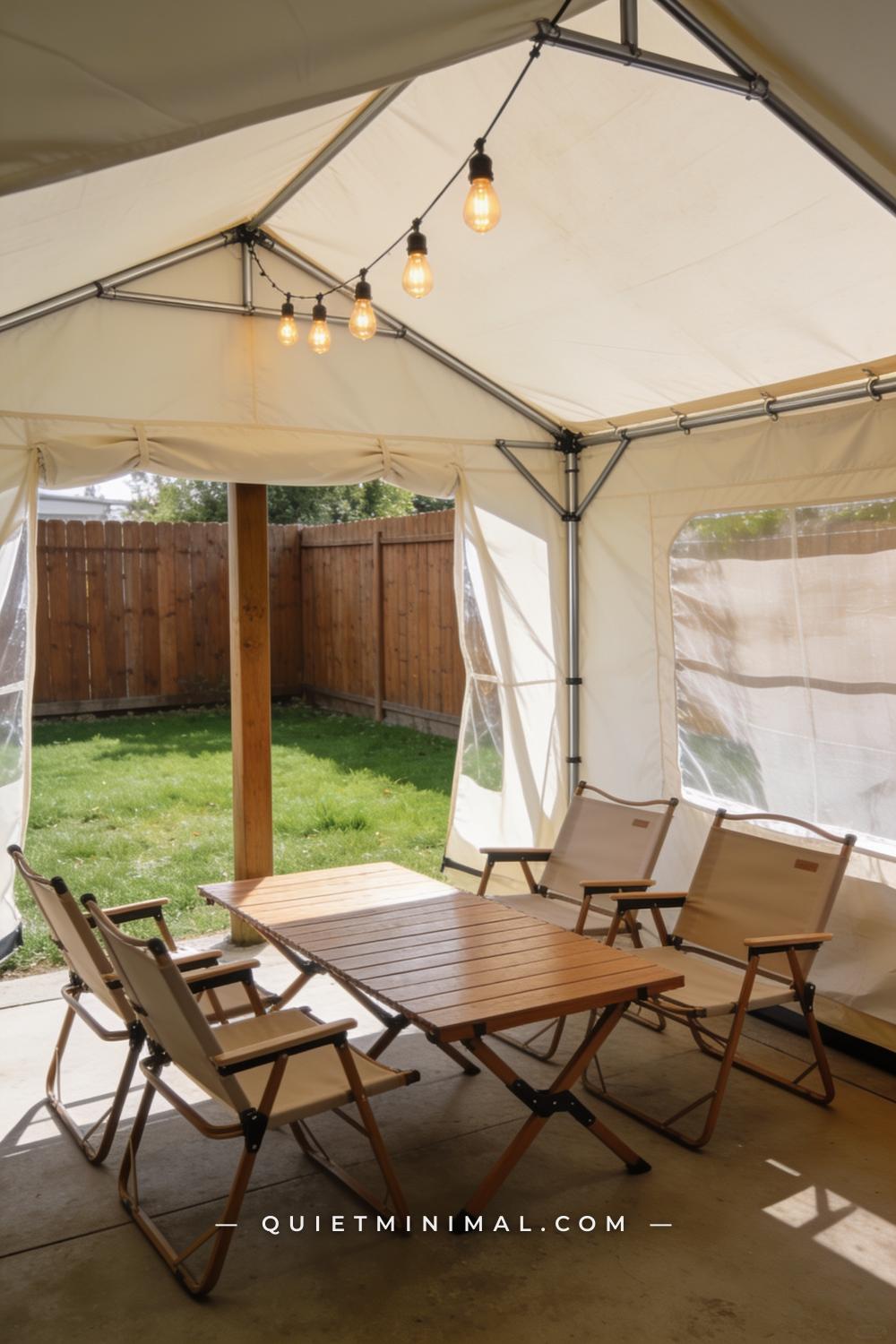 A vertical photograph captures a large backyard where a pop-up canopy tent in neutral cream canvas stands fully assemble