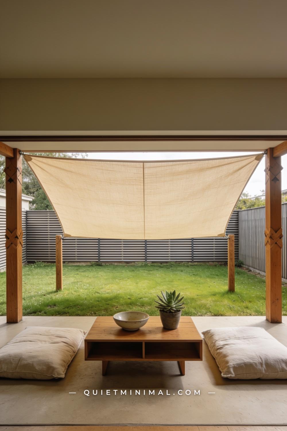 A vertical photograph captures a wide backyard scene where a large rectangle of natural-colored sail cloth canvas is str