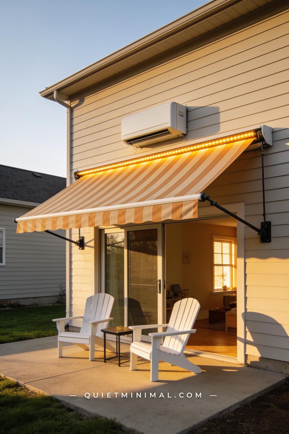 A vertical photograph captures the rear of a suburban house where a retractable awning in warm sand-striped canvas exten