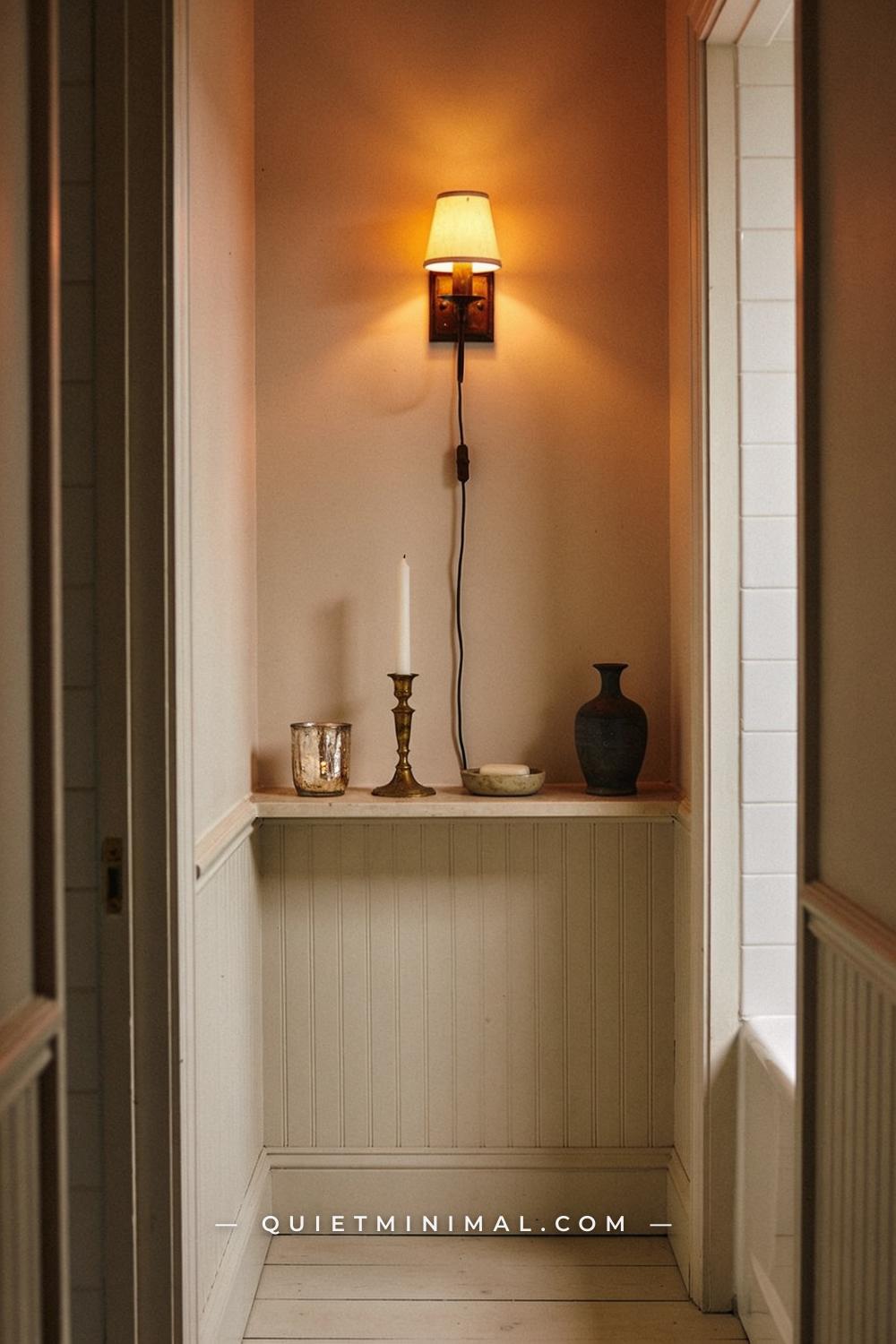 A wide establishing shot from across a bathroom or vanity area