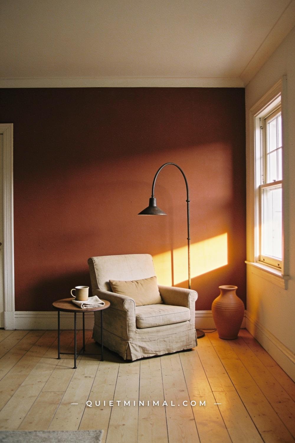 An establishing shot looking straight at the main wall of a sitting room painted in a deep warm clay tone — a vintage-st