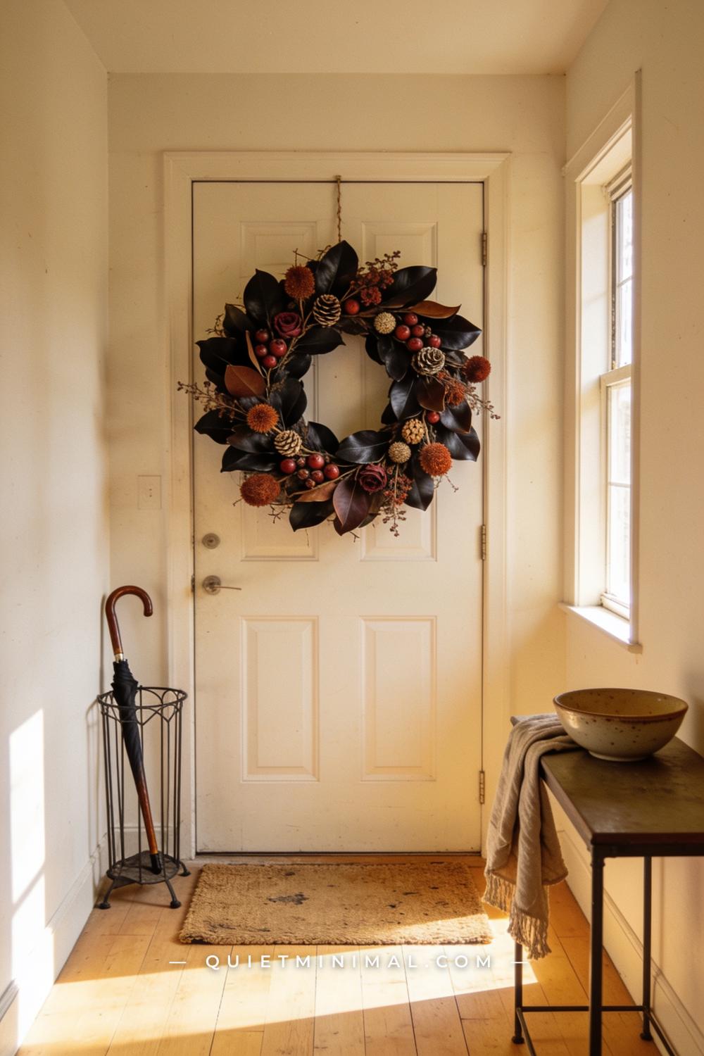 A wide establishing shot from across a hallway looking toward the front door — a large dried botanical wreath hangs cent