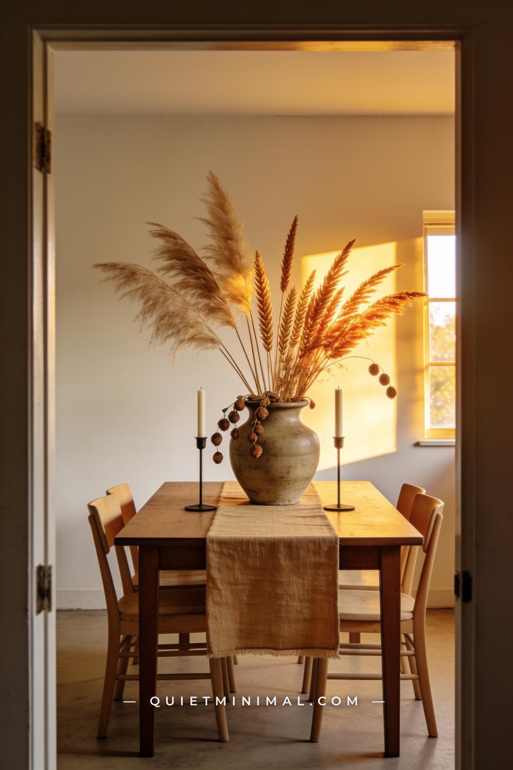 A doorway-framed establishing shot of a dining room with a wooden table in the center — a large stoneware vase on the ta