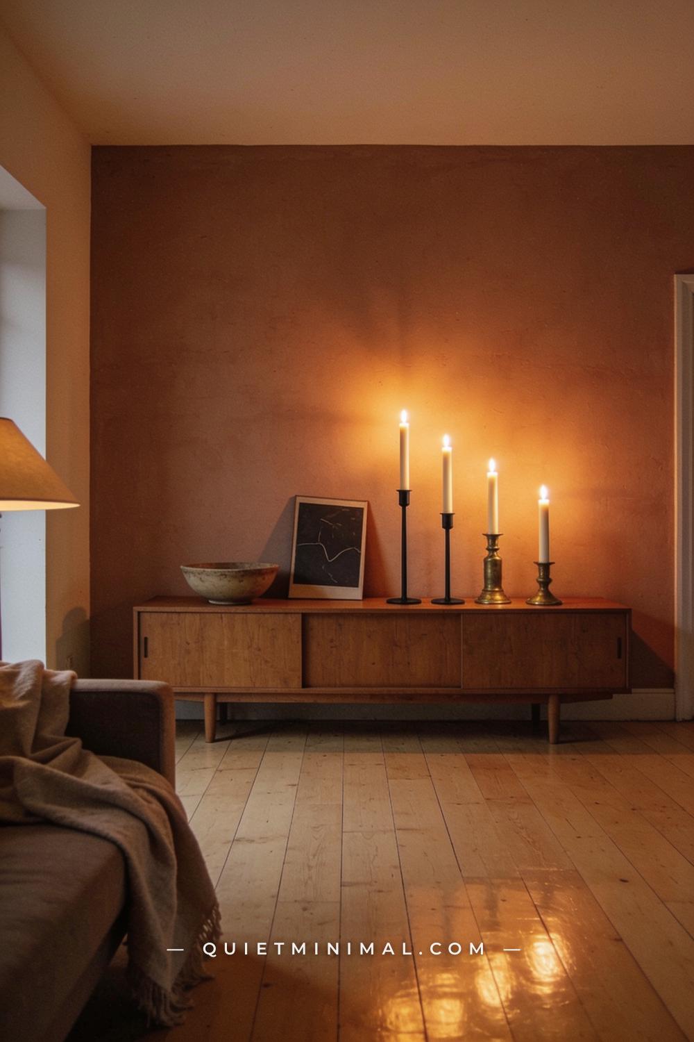 A seated eye-level establishing shot looking across a living room at dusk — a low oak sideboard against the far wall hol