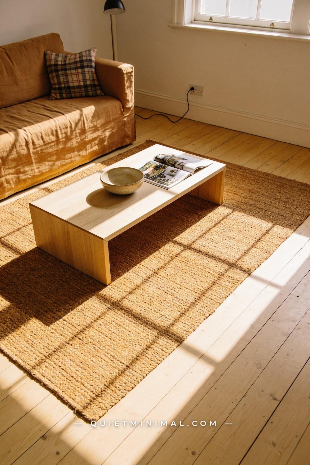 A corner-view establishing shot of a living room looking from the far corner diagonally across the space — a large natur