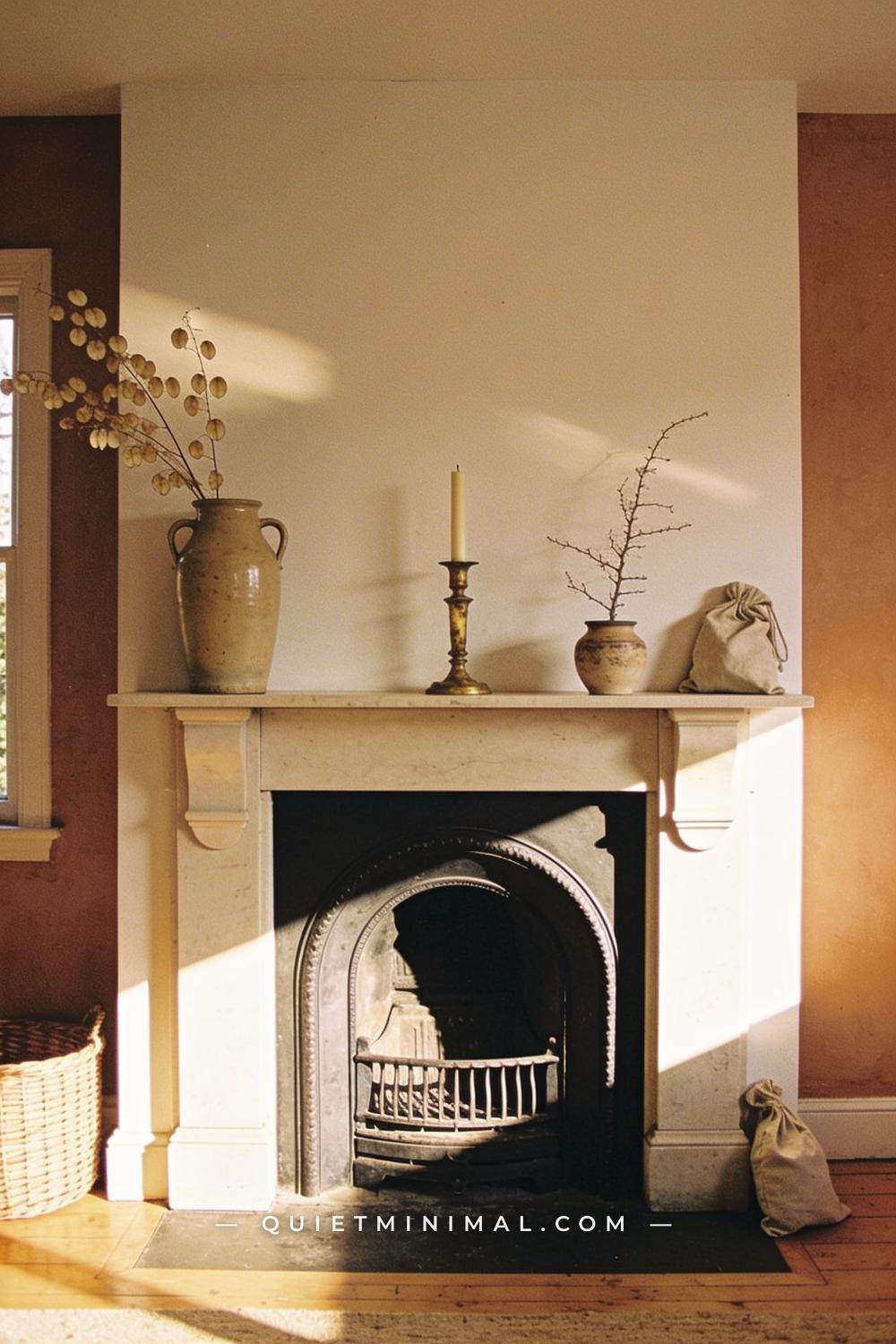 A straight-on wall view establishing shot of a living room fireplace and mantelpiece — the mantel shelf holds a grouping